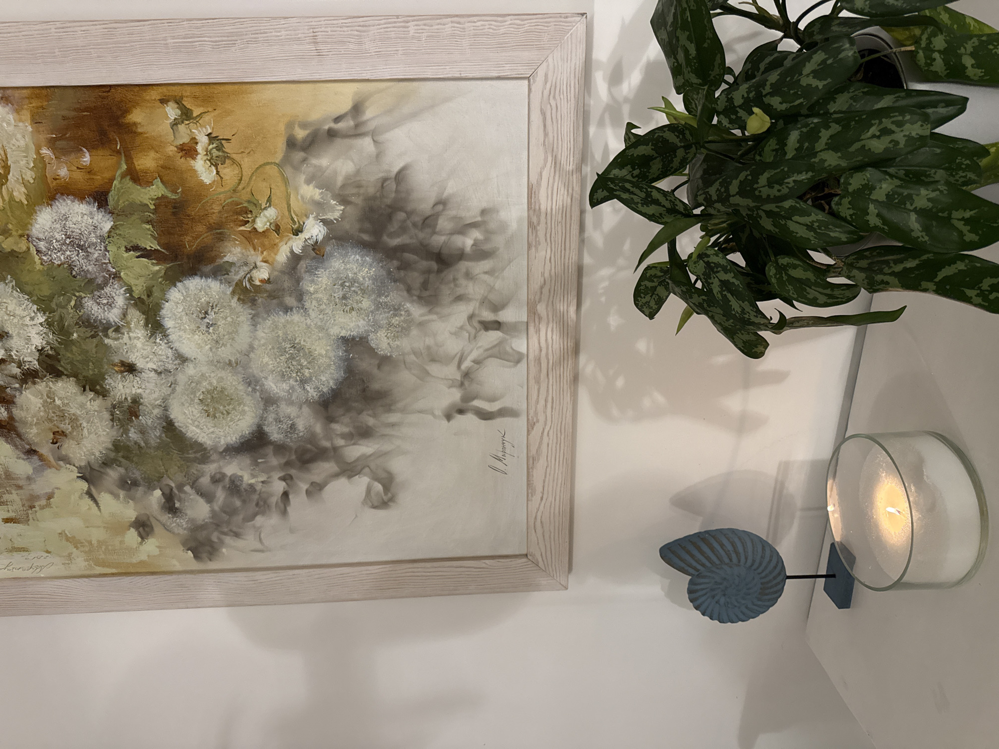 The image depicts an indoor scene, likely a domestic setting. In the upper portion of the frame, a framed painting is displayed on a white wall. The painting features a soft, impressionistic depiction of white, dandelion-like seed heads against a backdrop of muted greens and warm, golden-brown hues. A signature is visible in the lower right quadrant of the painting.
Below the painting, a white surface, possibly a shelf or tabletop, holds several decorative items and a potted plant. To the left, a blue, nautilus-shell-shaped decorative object stands on a slender black rod anchored to a small blue base. Next to it, a lit, cylindrical glass candle holder contains white wax and a single burning candle, casting a soft glow. To the right of these items, a lush green plant with variegated leaves fills the lower right corner of the frame. Shadows from the painting and the decorative objects are cast on the white wall behind them. The overall ambiance is serene and domestic. The location of Urlu-Aspak, Russia, is not visually ascertainable from the provided image.