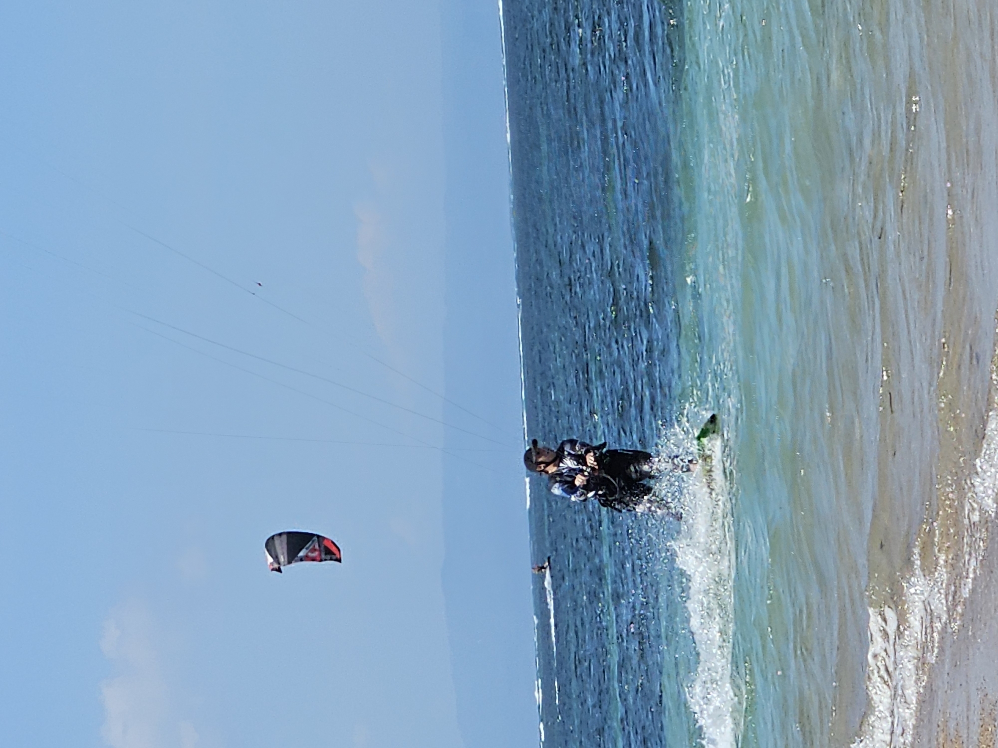 A person kiteboarding in the ocean. The kiteboarder is wearing a black and blue patterned shirt and black pants, and a black cap. They are holding onto the control bar of a large kite, which is red, black, and white, and is in the sky above and to the left of the kiteboarder. The kiteboarder is in the process of kicking up a spray of water as they ride across the surface of the water. The ocean is a vibrant blue and turquoise color, with waves breaking near the shore. In the background, there are faint mountains and a clear blue sky with a few wispy clouds. The scene appears to be located on a beach in Denpasar, Indonesia, known for its kiteboarding and water sports.