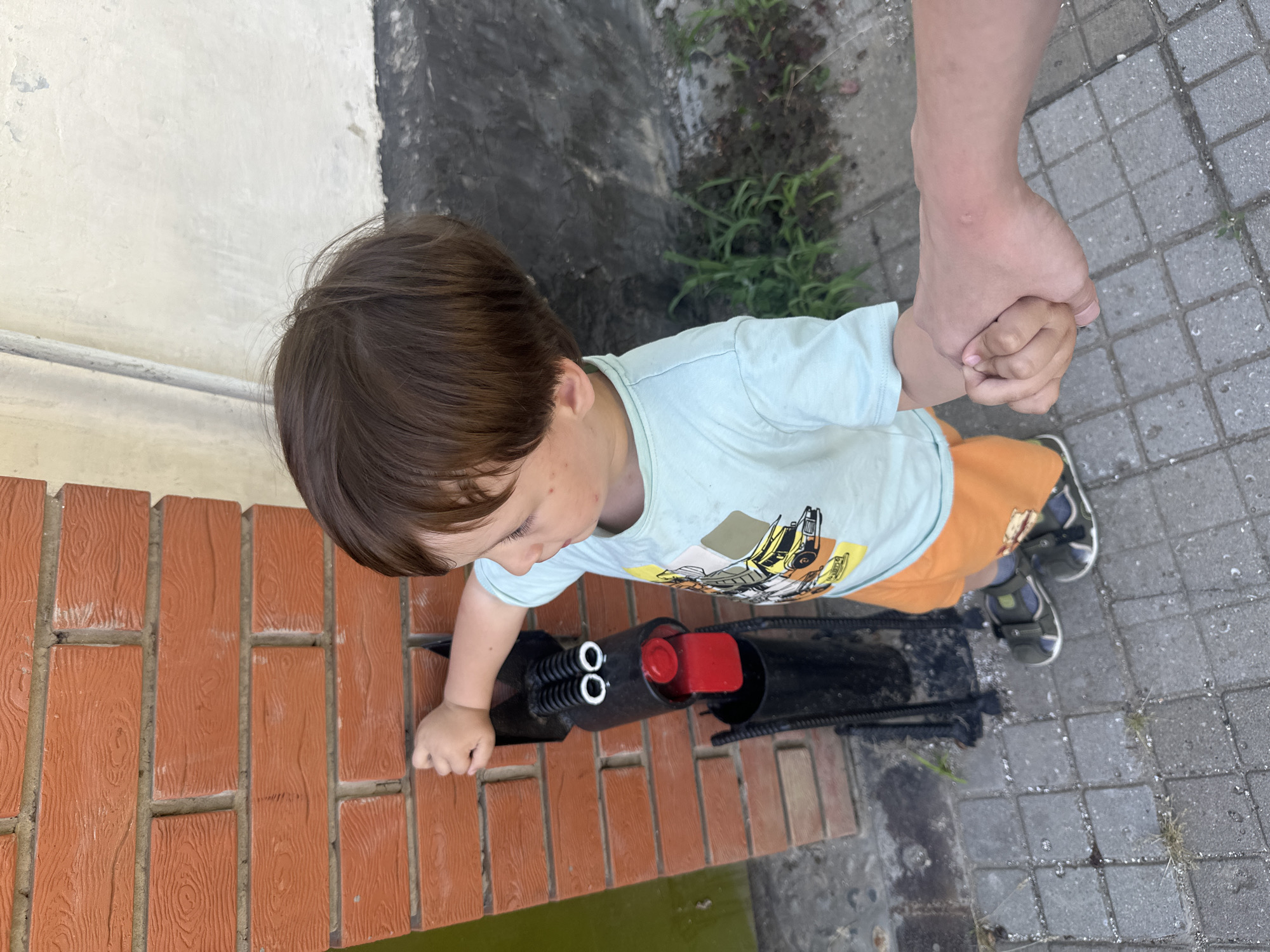 A young boy wearing a light blue t-shirt with a yellow and white truck graphic and orange shorts, with dark hair and fair skin, stands next to a brick wall. He is holding the hand of an adult. The boy is interacting with a black metal garden sculpture that resembles a dog, with red and white accents. The sculpture is mounted on a metal stand. The scene appears to be outdoors on a paved walkway, with some sparse greenery and a white and gray building in the background. The location is stated to be Temryuk, Russia.