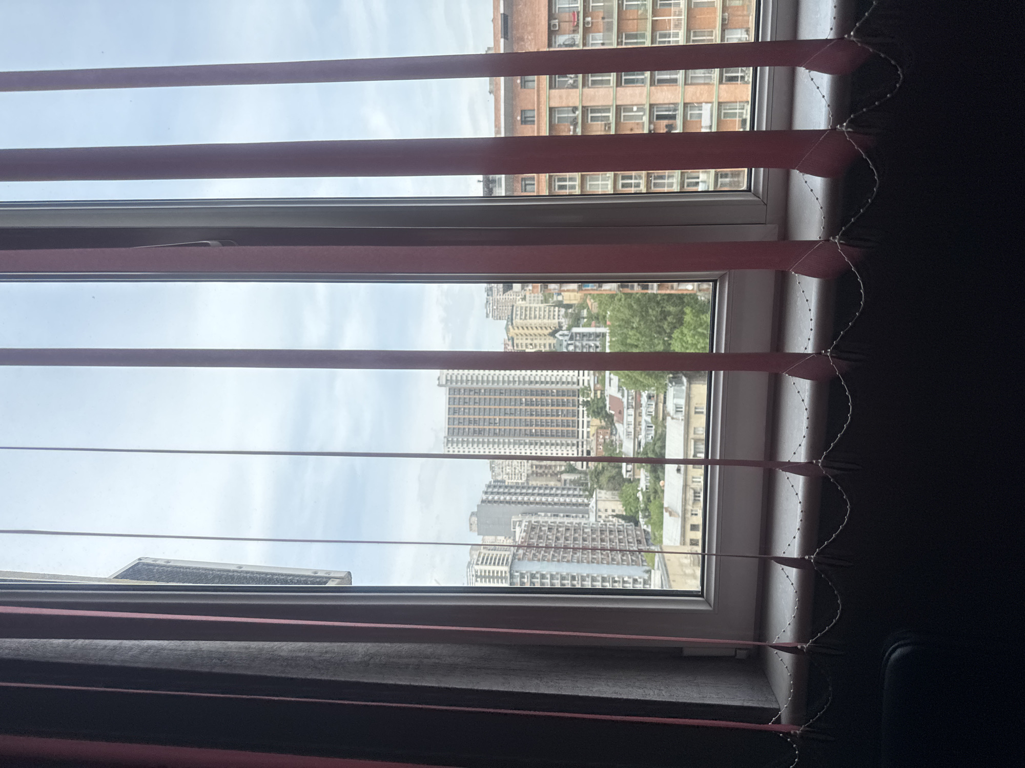 The image shows a view from a window with vertical blinds. The view is of a city, likely Tbilisi, Georgia, characterized by a mix of mid-rise and high-rise buildings with a variety of architectural styles, including residential and commercial structures. There is evidence of green spaces interspersed among the buildings. The blinds are partially closed, obscuring some of the view.
