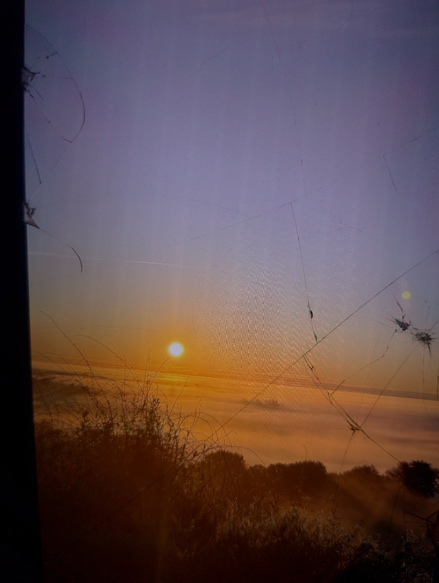 The image depicts a sunrise over a landscape, likely in or around the village of Ustyvytsia, Ukraine. The sun, a bright white orb, is low on the horizon, casting a warm orange glow across a misty valley. Silhouetted trees and shrubs are visible in the foreground, with thin branches reaching towards the sky. The sky transitions from a pale lavender at the top to a vibrant orange near the horizon. The overall impression is serene and tranquil. However, the image itself is marred by numerous cracks and scuffs on the surface it is displayed on, which interfere with the clarity and integrity of the scene.