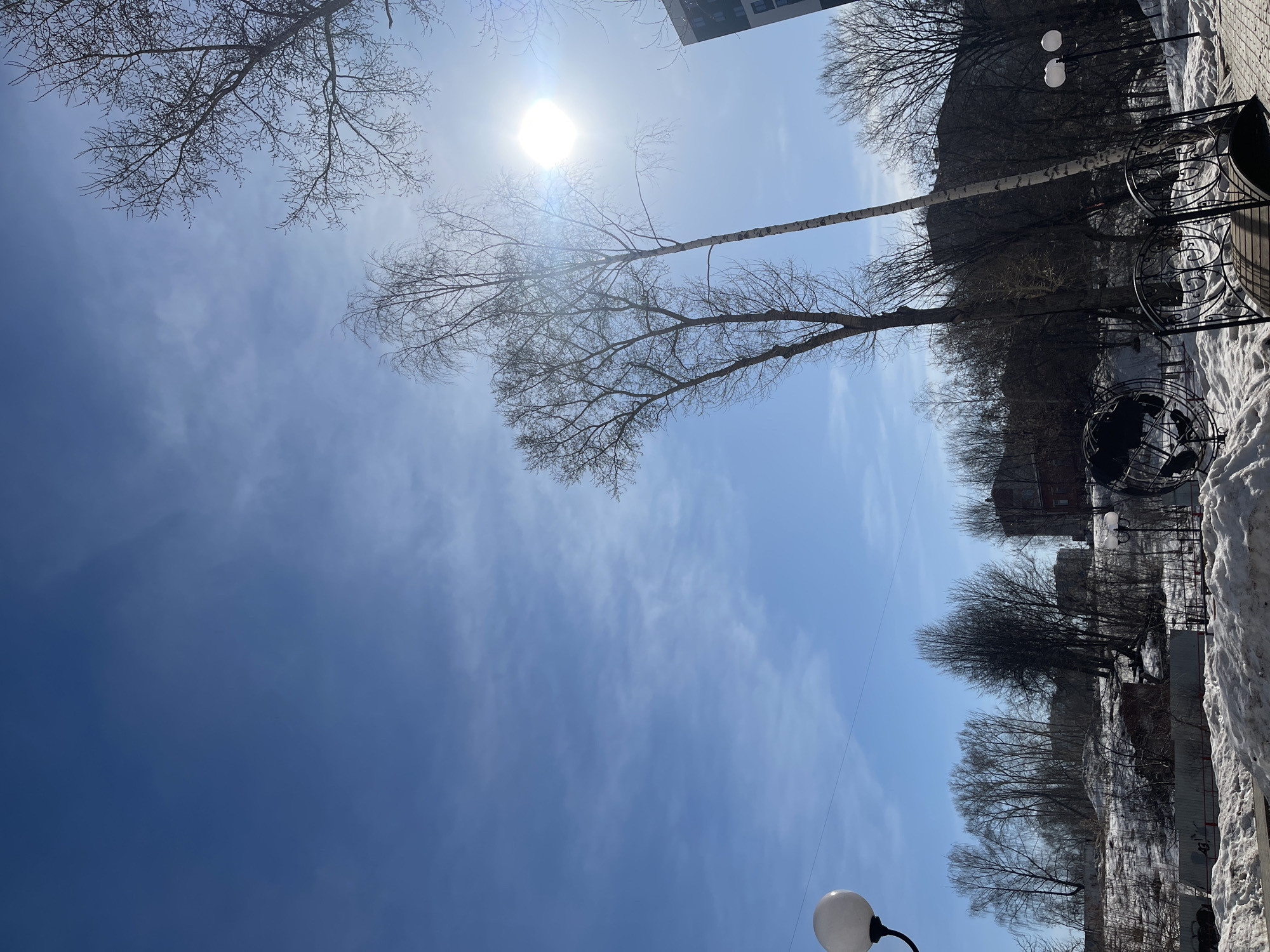 The image depicts a view towards the sky in what appears to be a park or outdoor space, likely in the city of Izhevsk, Russia. Bare trees are visible against a light blue sky with some thin clouds. The sun is high in the sky, creating a bright glare. There is some snow on the ground. A fence can be seen in the right side of the image, next to a brick walkway. It appears to be a sunny day.