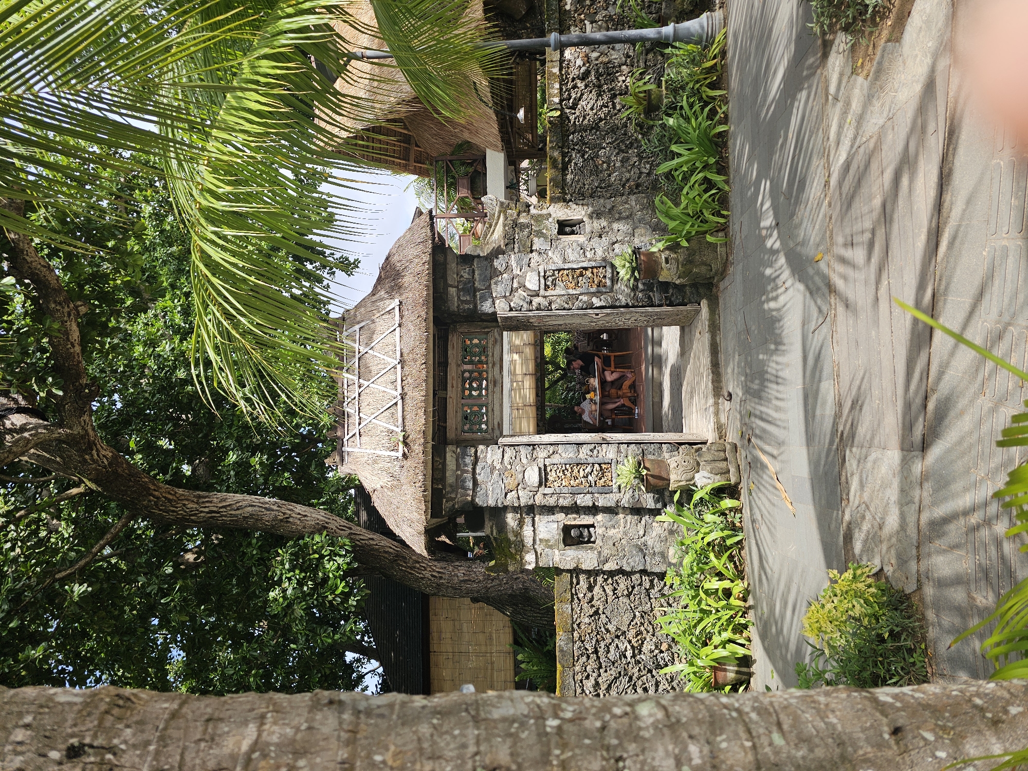 The image depicts a stone structure with a thatched roof in Denpasar, Indonesia. The building's architecture incorporates elements of stone and wood, with plants growing along the exterior walls. A path paved with gray stones leads up to the structure, and the shadows of palm fronds fall across the walkway. A palm tree is visible in the foreground and to the left of the building. Inside the structure, people are seated at tables.