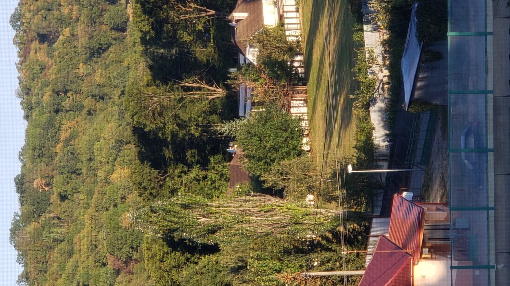 The image depicts a residential area situated at the base of a heavily wooded hill in Prešov, Slovakia. In the foreground, a low-rise building with a red-tiled roof is visible, featuring an entrance with glass doors. Adjacent to this building, a metal fence runs horizontally across the frame, and behind it, a road with a parked car can be seen. Further into the scene, a well-maintained lawn is bordered by a white fence. Several houses with pitched roofs are nestled amongst lush greenery, with one prominent house featuring a thatched roof. The background is dominated by a steep hillside covered in dense deciduous forest, indicative of the natural landscape surrounding Prešov. The lighting suggests it is either early morning or late afternoon, casting long shadows across the lawn. A street lamp stands tall near the center of the frame, illuminating the pathway. The overall impression is one of a peaceful, suburban setting integrated with the natural environment.