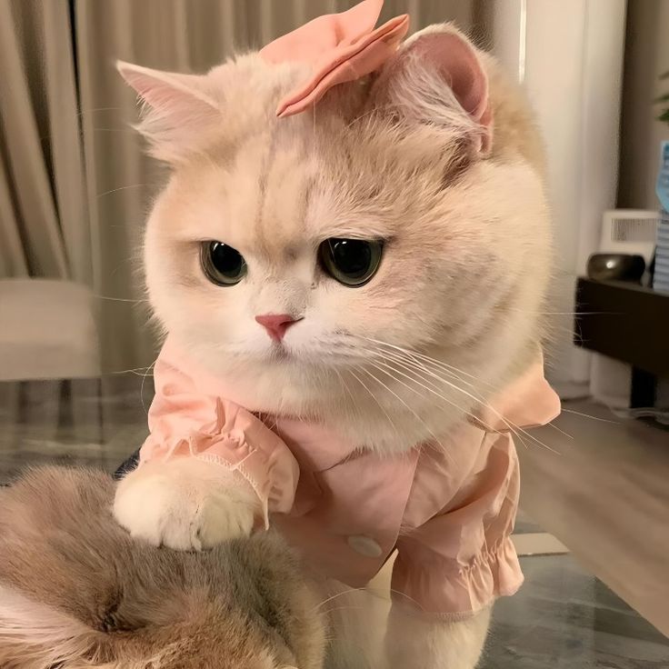 The image shows a white and light brown cat wearing a pink shirt with a pink bow on its head. The cat has large, dark, round eyes and is looking directly at the camera. The cat is sitting on a glass table with a furry object behind it. The cat is in the foreground with its paws touching the furry object. The background is blurry. The image is likely taken in a home environment. The location based on the coordinates provided is an urban area in the city of Geneng, Indonesia. The scene appears to be indoors, possibly in a living room. The cat is in a seated position and appears to be resting or relaxing.