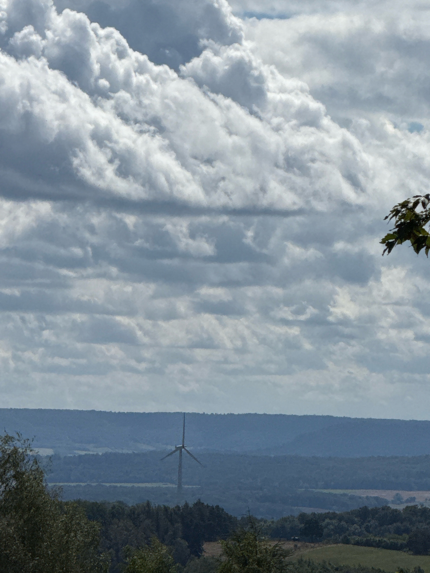 The image depicts a landscape scene with a prominent windmill in the mid-ground. The sky is filled with a dramatic array of clouds, ranging from bright white cumulus formations to darker, striated stratus clouds. In the foreground, the tops of trees and foliage are visible, suggesting a vantage point from a higher elevation. Beyond the trees, rolling hills covered in forests stretch towards the horizon. The windmill, a modern structure with three blades, stands tall on a slightly elevated area within the landscape. The distant hills fade into a hazy blue, indicating depth and distance. A few patches of lighter terrain, possibly fields or clearings, can be seen interspersed within the forested areas. The overall impression is of a rural or semi-rural setting, with a focus on natural elements and a single man-made structure contributing to the scene. There are no people or animals visible in the image. The scene is likely located in the vicinity of Bad Sachsa, Germany, a region known for its hilly terrain and the presence of wind energy installations.