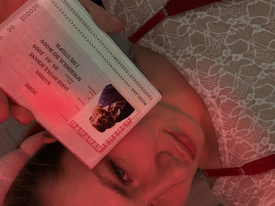 The image features a person holding what appears to be a humorous, mock passport labeled "MOONLAND" with a photo of a cat wearing a suit. The passport contains some Polish text including "BOBR" and phrases like "JAKIE BYDLĘ JEBANE" and "SPIERDOLIŁ DO WODY I SIĘ UTOPIŁ", as well as the birth date "09.01.2009" and the date "202020". The scene is illuminated with a red light, and the person holding the passport is partially visible, lying down and wearing a white lace top with red straps.