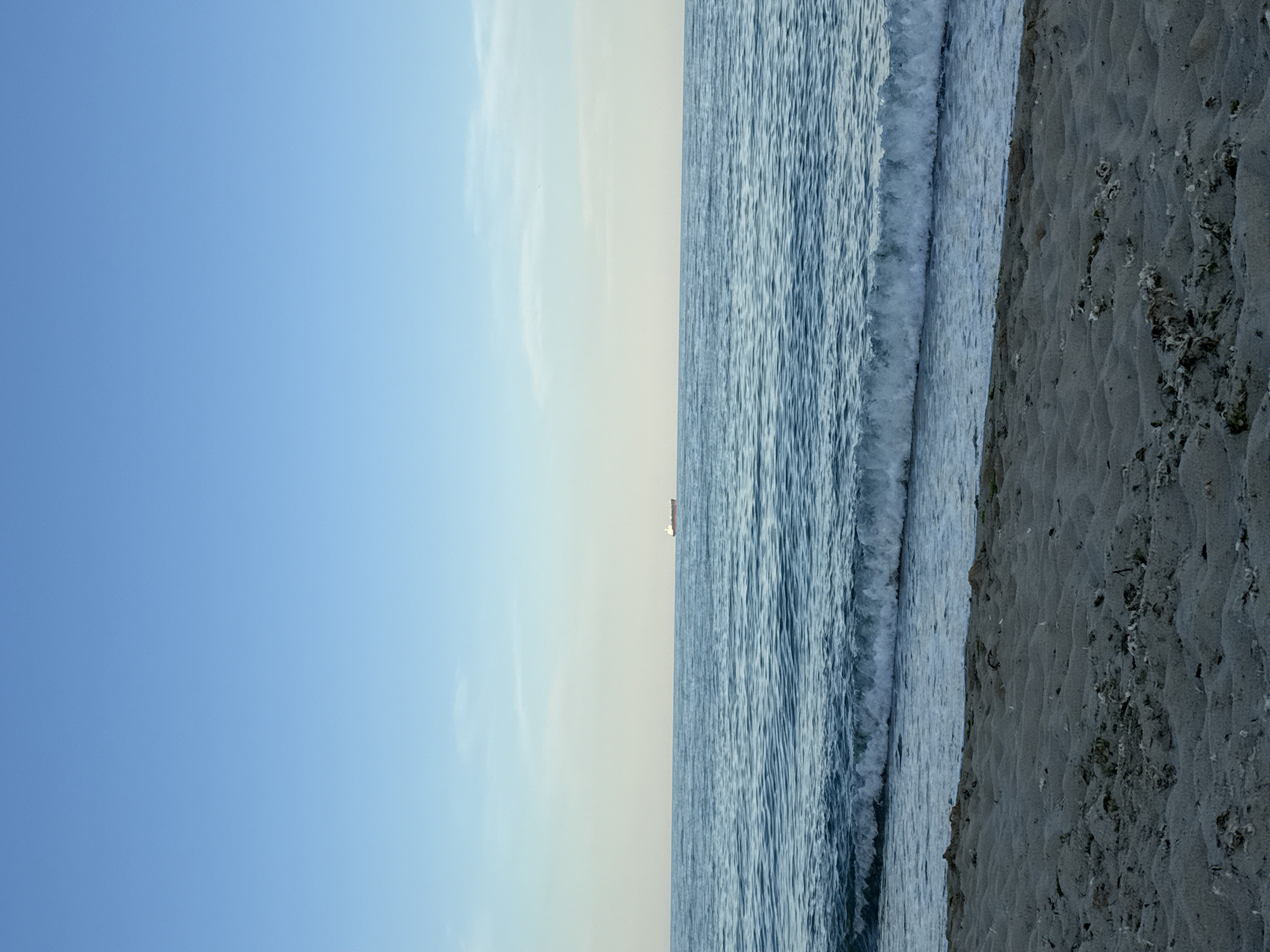 The image depicts a serene seascape with a sandy beach in the foreground. The beach is textured with ripples from the receding tide and scattered debris, likely seaweed or shells. Gentle waves are breaking along the shore, creating a white foamy edge. The sea extends to the horizon, meeting a pale blue sky that gradually transitions to a lighter hue near the horizon. A solitary cargo ship is visible in the distance, a small red and white speck against the vast expanse of the ocean. The lighting suggests it is either early morning or late afternoon, with soft, diffused light. The scene conveys a sense of tranquility and openness.
