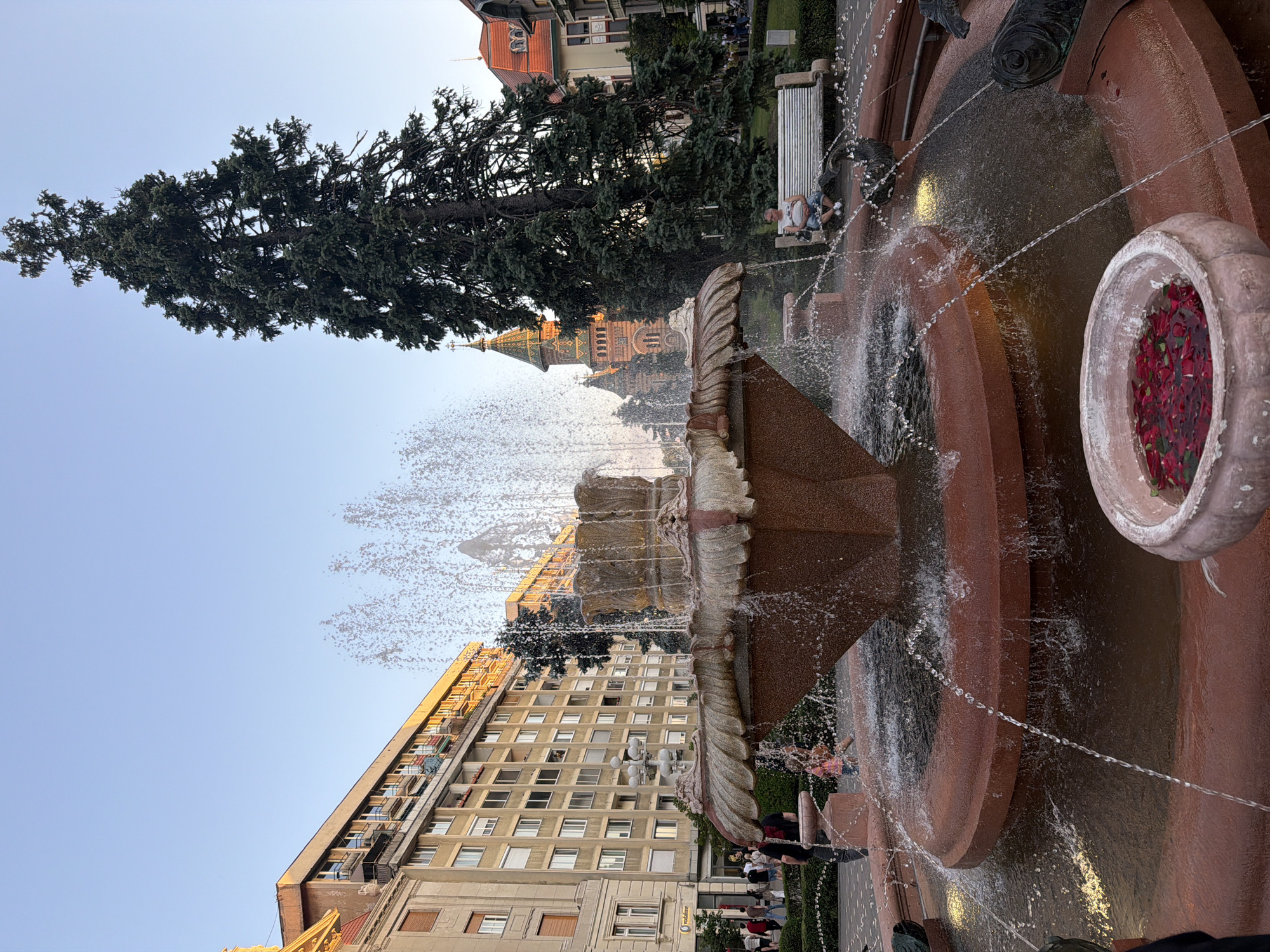 The image shows a large, tiered fountain with water spraying upwards in a city park in Timișoara, Romania. The fountain is made of reddish-brown stone and has a circular basin with water. There is a large building with many windows visible in the background. People are sitting on a bench near the fountain. In the distance, the Timișoara Orthodox Cathedral is visible, distinguished by its green tiled roof and tower. A tall evergreen tree stands near the bench and the fountain. Some of the fountain’s basins are decorated with flowers.