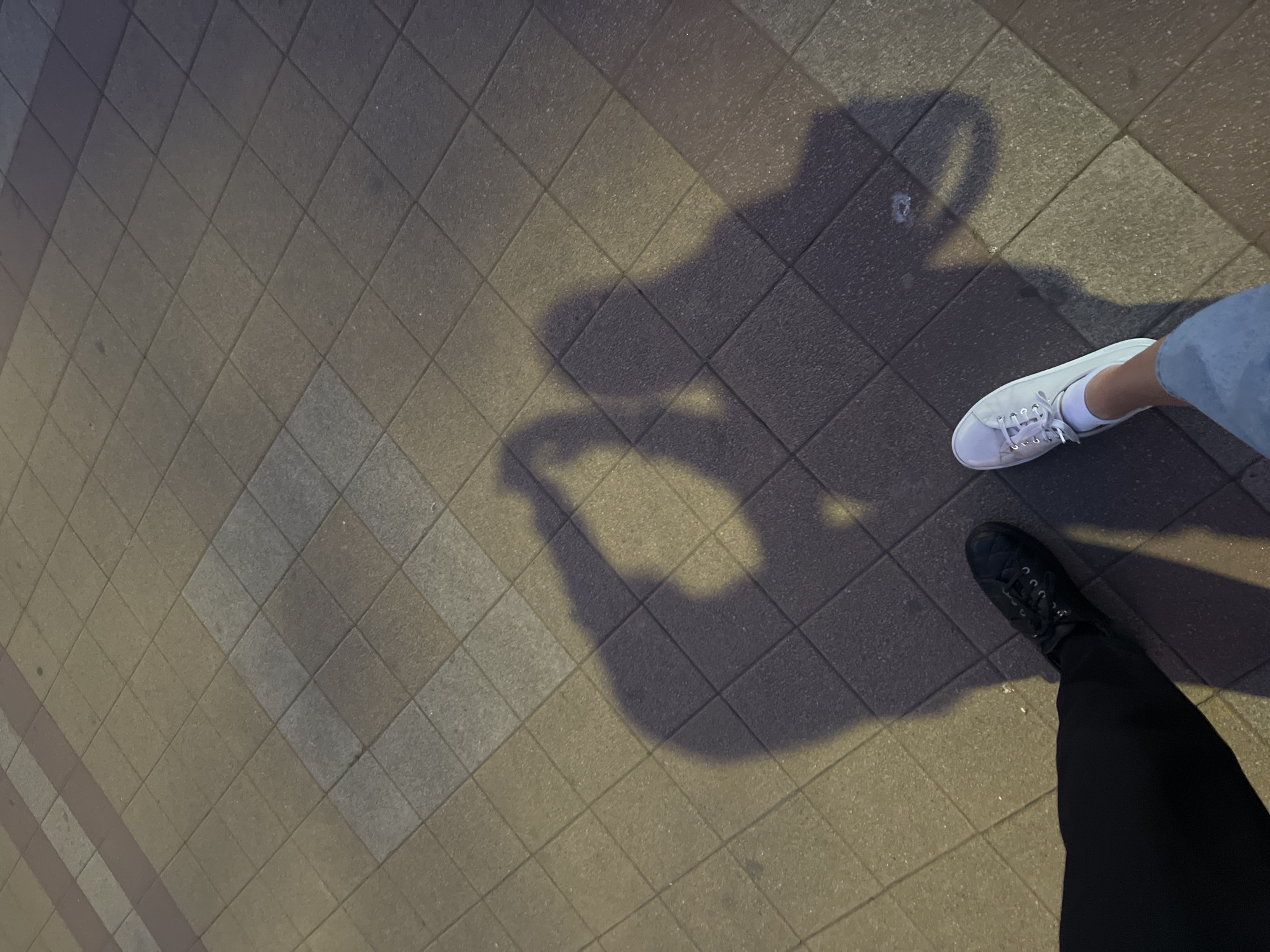 The image shows a section of tiled pavement. Two pairs of feet are visible, one with a person wearing white shoes and light blue jeans, and the other with a person wearing black shoes and black pants. The shadow of the person taking the picture is cast on the ground between the feet. The exact location cannot be determined without more information.