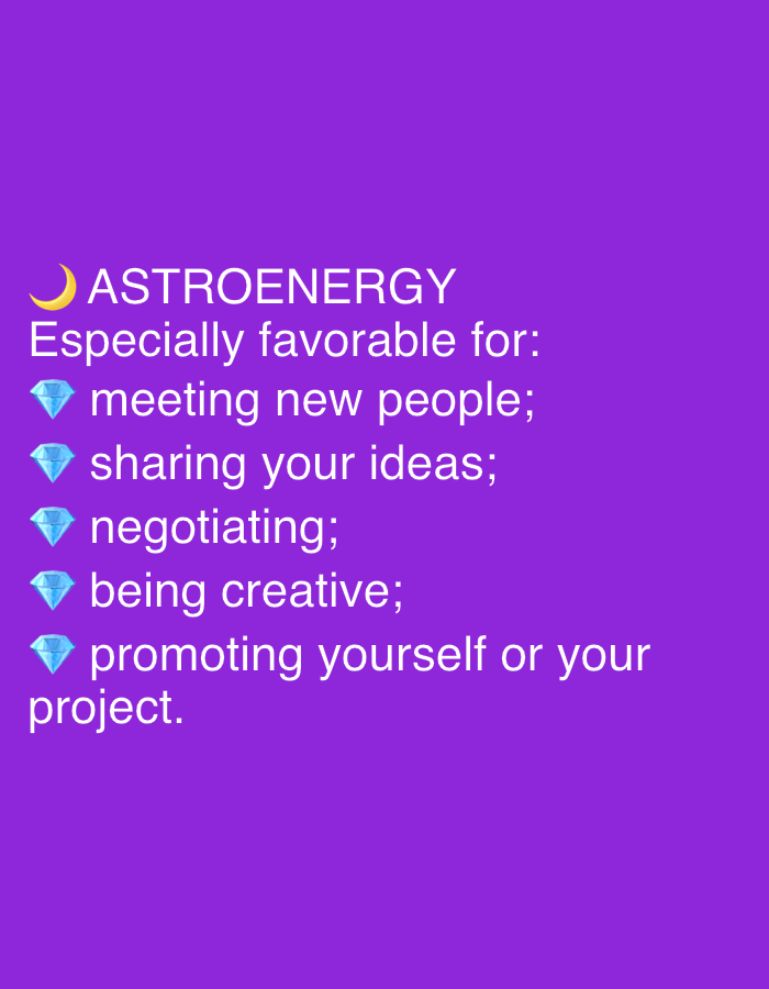The image is a graphic with white text on a purple background. The text reads "ASTROENERGY" at the top, preceded by a crescent moon emoji. Below this, it states "Especially favorable for:" followed by a list of items marked with diamond emojis: "meeting new people;", "sharing your ideas;", "negotiating;", "being creative;", and "promoting yourself or your project.". There are no people, objects, actions, interactions, or environmental details visible in the image. The location of Dubai, United Arab Emirates is not present in the image.