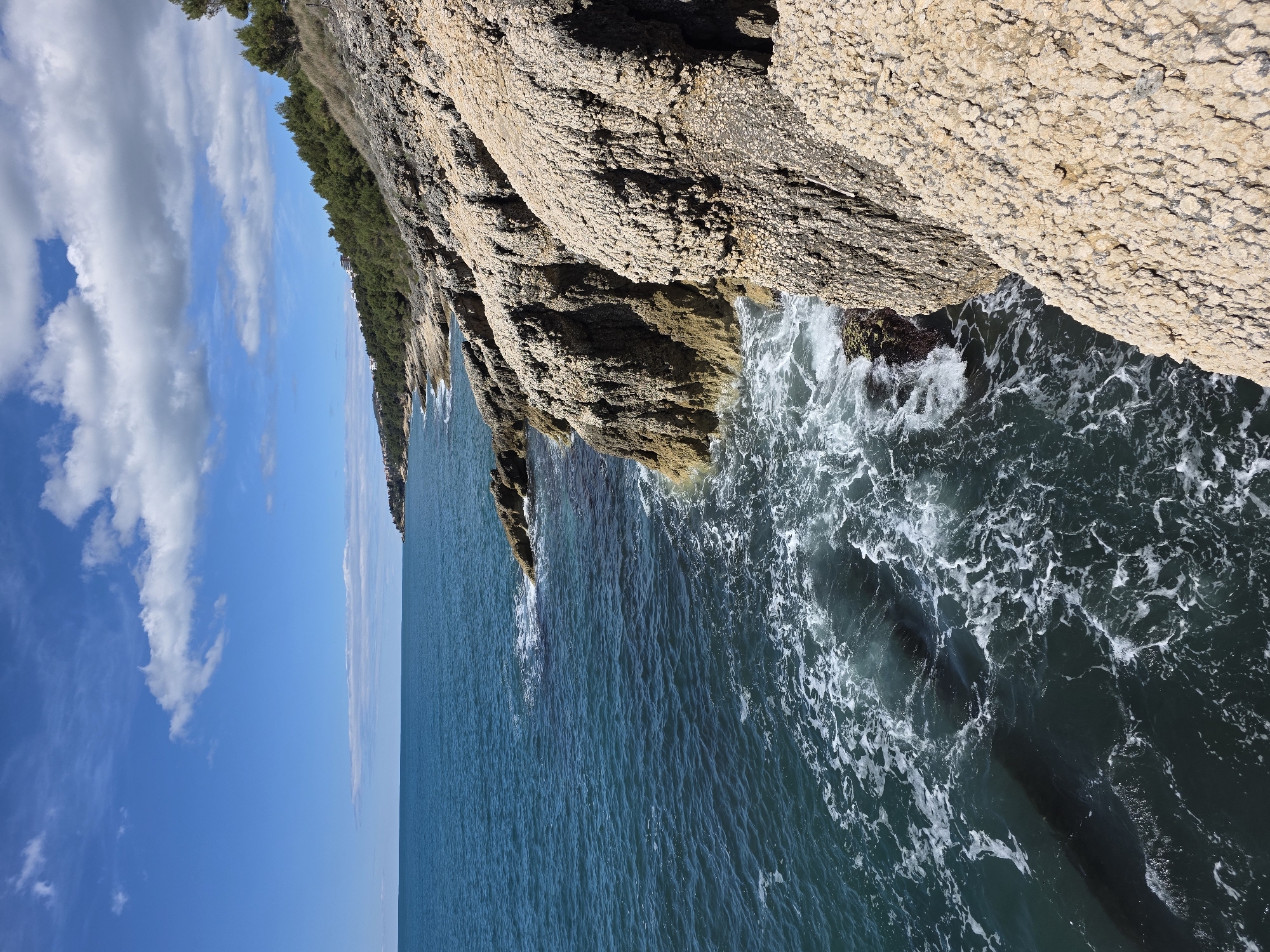 The image captures a coastal view in Ulcinj, Montenegro. The scene features the Adriatic Sea under a partly cloudy sky. A rocky cliff face dominates the right side of the image, with its textured surface suggesting marine erosion and the presence of barnacles. Waves crash against the base of the cliff. The sea transitions in color from light blue near the horizon to deeper shades of turquoise and dark blue closer to the cliff, indicating depth and possibly varying light penetration. A strip of green vegetation crowns the cliff edge, suggesting a forested area along the coast. The sky shows scattered white clouds against a clear blue backdrop. The image is rotated sideways.