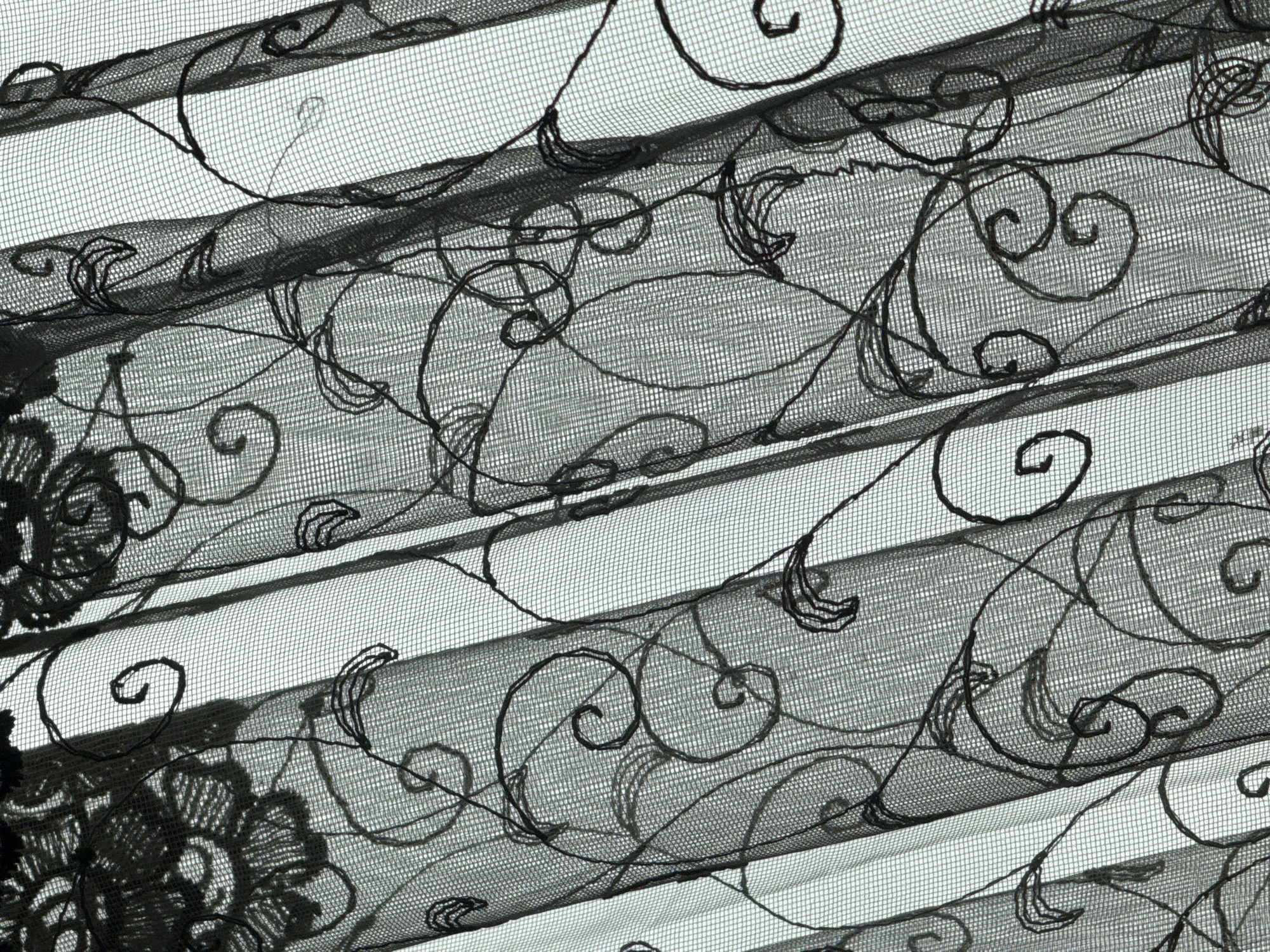 The image shows a close-up of a semi-transparent black fabric with an embroidered floral and scrollwork pattern. The fabric is folded or draped, creating alternating light and dark horizontal bands. The fabric appears to be netting or lace. No people, specific subjects, objects, actions, interactions, or environment are identified in the image. There is no indication that the image was taken in Parvomai, Bulgaria.