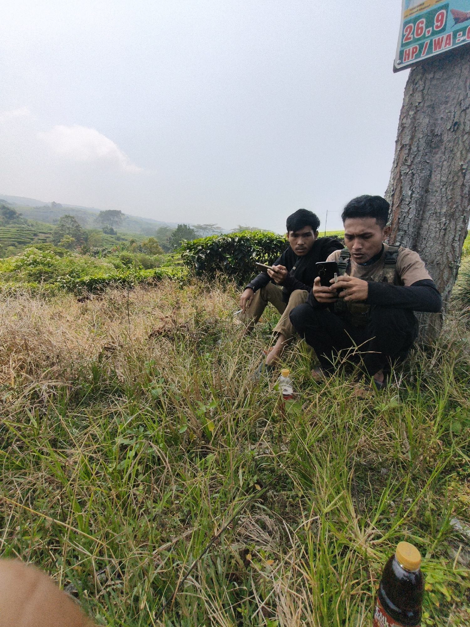 Two young men are seated by a tree on a grassy slope. The man on the right is crouched and looking at his smartphone. He is wearing a light brown t-shirt with a dark vest over it, and black pants. The man on the left is also looking at his phone, which he holds in his left hand. He is wearing a black shirt and khaki pants. Both men are sitting amongst dry and green grass. A bottle of dark liquid is on the ground in the foreground, to the right of the men. In the background, a lush green landscape with rolling hills and some trees can be seen. A sign attached to the tree trunk shows the text "26.9 HP/WA". The sky is overcast. The location is Batu Hampar, Indonesia.