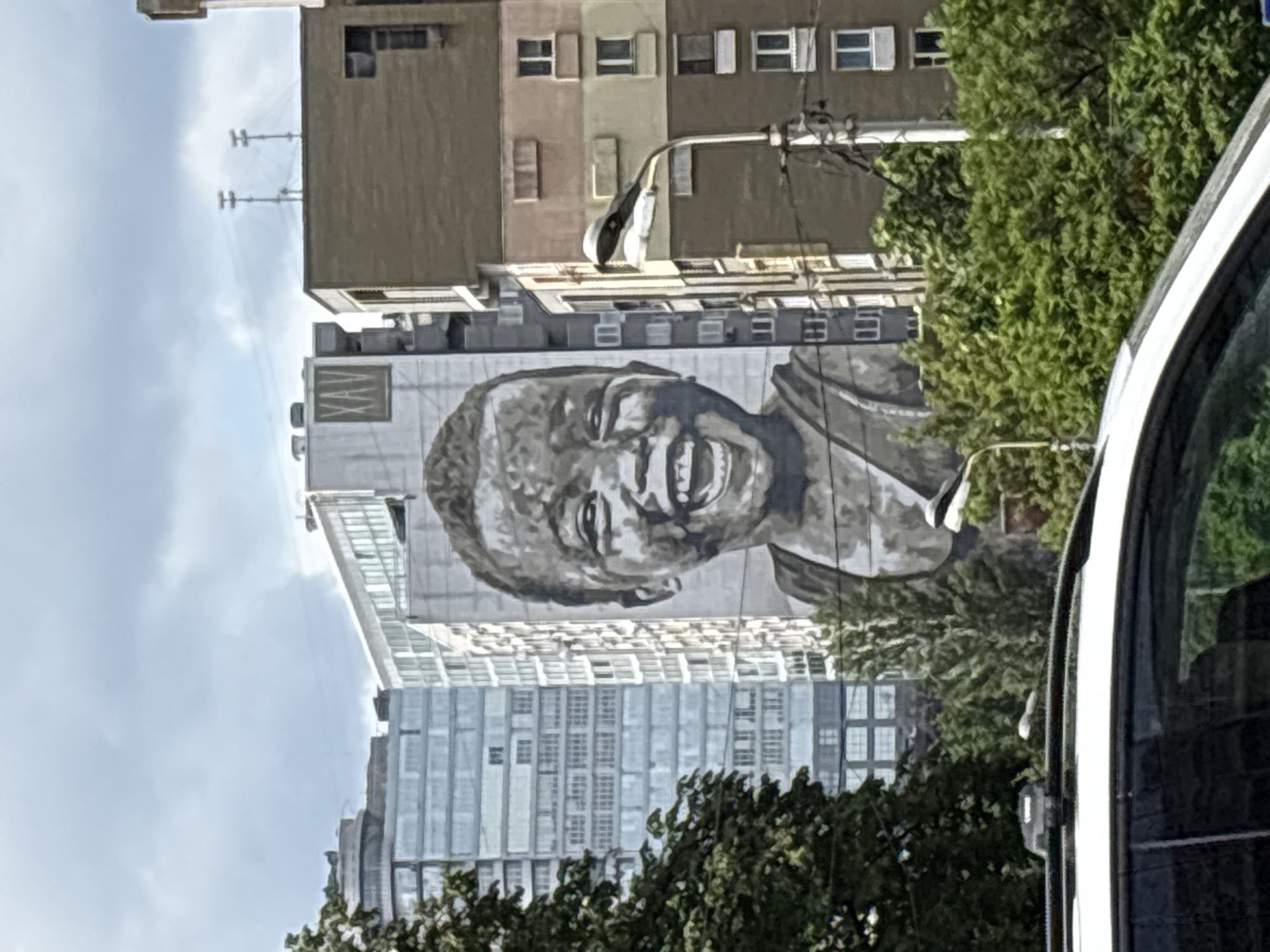 The image shows a mural of a smiling person on the side of a tall building in Kyiv, Ukraine. The mural is grayscale and covers a significant portion of the building's facade. Other buildings are visible in the background, with a mix of architectural styles. A street lamp is positioned on the roof of a building. Trees are present, partially obscuring the view. A portion of a white vehicle is in the foreground. The sky is cloudy.