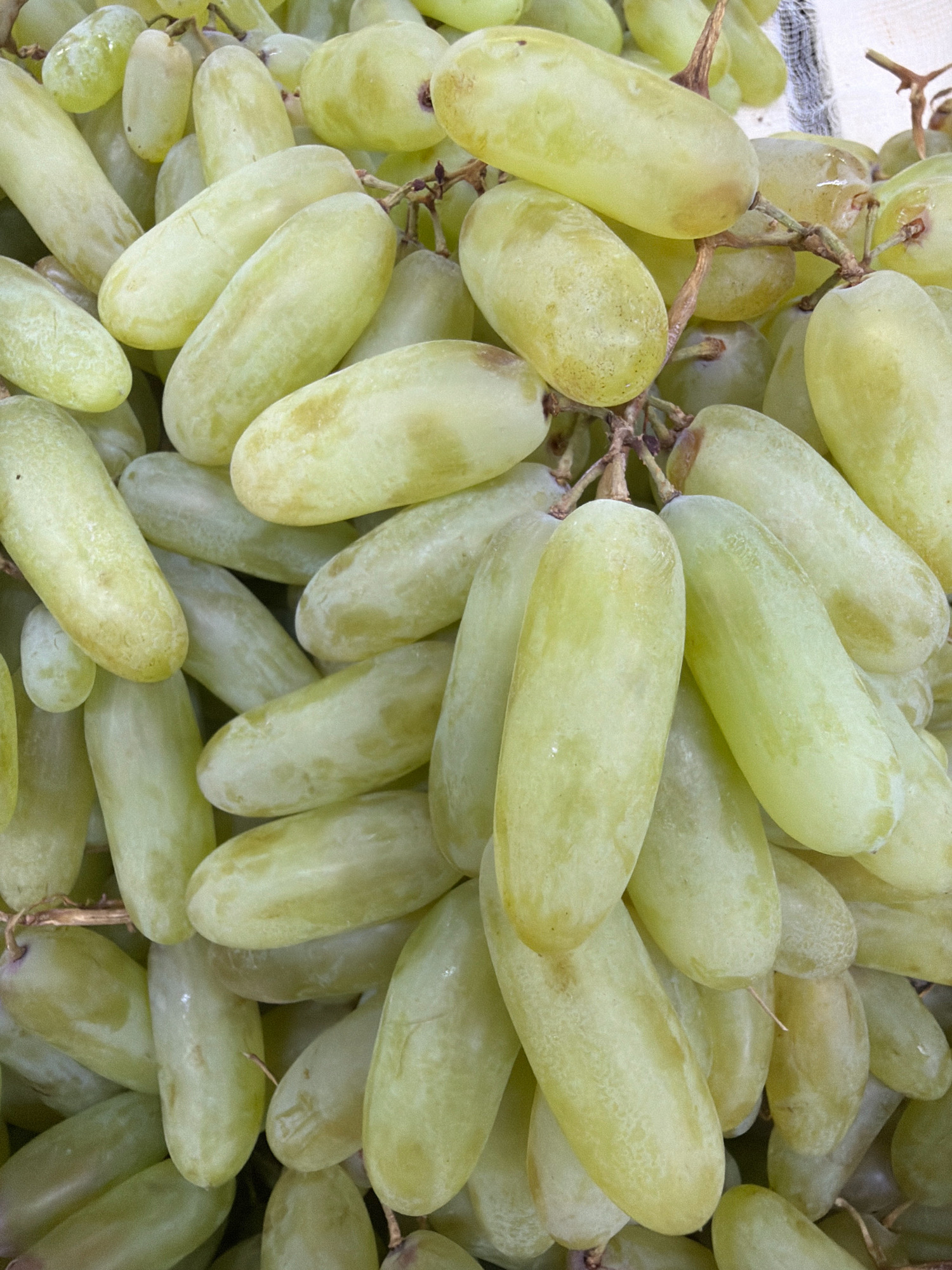 A close-up, overhead view shows a large pile of pale green, elongated grapes. The grapes appear to be fresh and are clustered together, with some stems visible. The lighting suggests an outdoor market or produce stand. There is no visible information or context that would indicate a specific location in Pavlodar, Kazakhstan.