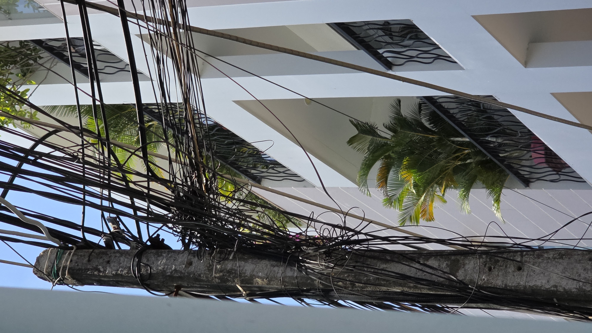 The image shows a dense tangle of electrical wires attached to a concrete utility pole. The pole is textured and appears weathered, with some wires wrapped around it for reinforcement. In the background, a white building with geometric architectural features is visible. Windows with decorative grilles reflect the green foliage of trees and a palm tree. The sky is blue, and the image is taken from a low-angle perspective. The setting appears to be in Nha Trang Ward, Vietnam, based on the architectural style and presence of tropical vegetation.