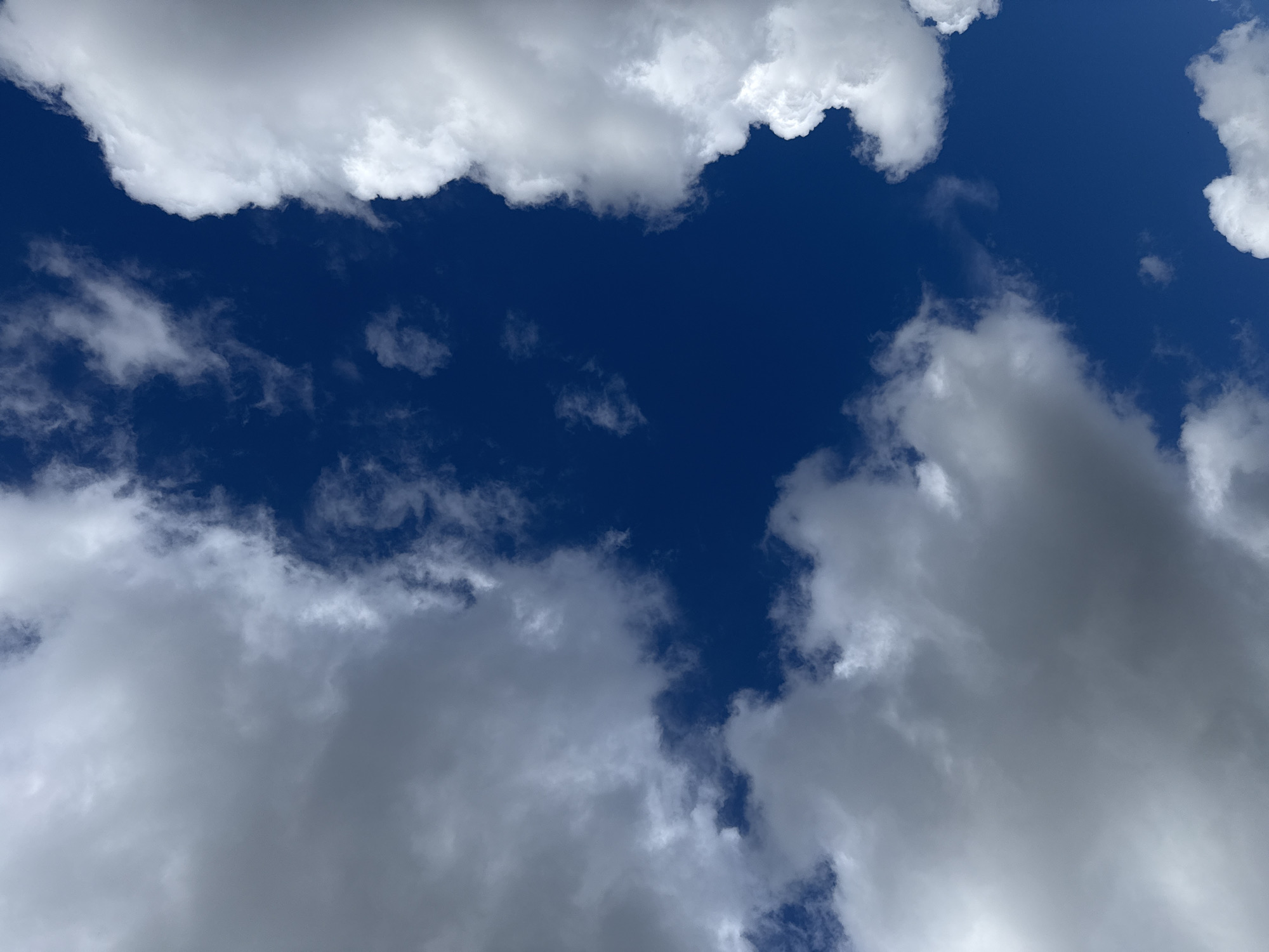 The image depicts a bright blue sky with scattered white and gray clouds, suggesting fair weather conditions. The perspective is upward, looking at the sky from a ground-level viewpoint. There are no people, structures, or any identifiable elements of the city of Павловка, Russia, visible in the frame. The focus is exclusively on the atmospheric elements.