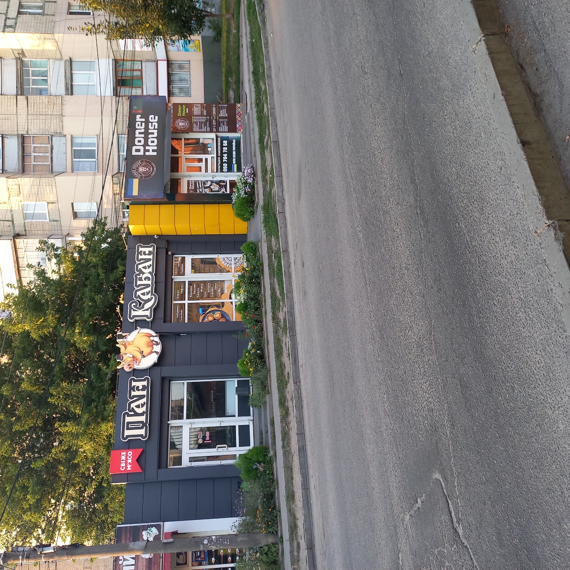 The image depicts a street scene in Kropyvnytskyi, Ukraine, featuring two adjacent commercial establishments. The establishment on the left has signage that reads "СВІЖЕ М'ЯСО" (Fresh Meat) and "ПАН" (Pan), along with a cartoon pig. The establishment to its right displays the name "КАБАН" (Kaban), also featuring a cartoon pig, and a menu visible through the window. Further to the right is another establishment with the name "Doner House" and a Ukrainian flag logo. The businesses are located on a street with a sidewalk and parked cars visible in the background. Trees and buildings form the backdrop of the scene. The overall environment appears to be a commercial street with pedestrian and vehicular access.