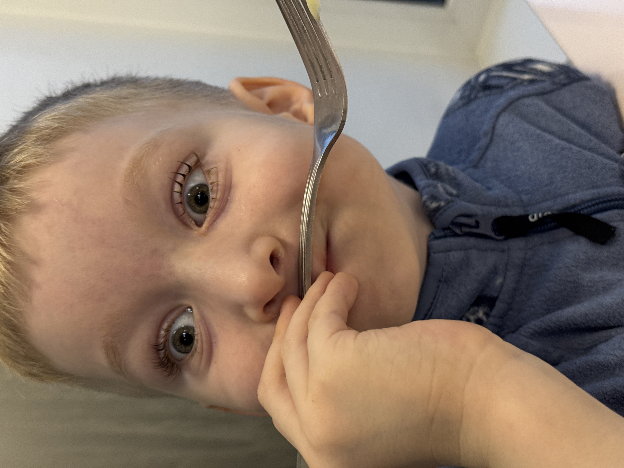 A young child with blond hair and fair skin is holding a silver fork to their face, obscuring the nose and mouth. The child has wide, light brown eyes with long eyelashes. The child is wearing a blue zip-up hoodie. The background appears to be a light-colored surface, possibly a table. The orientation of the image is rotated, suggesting the photo was taken at an angle. There is no verifiable information in the image to suggest it was taken in the city of Chaikovsky, Russia.