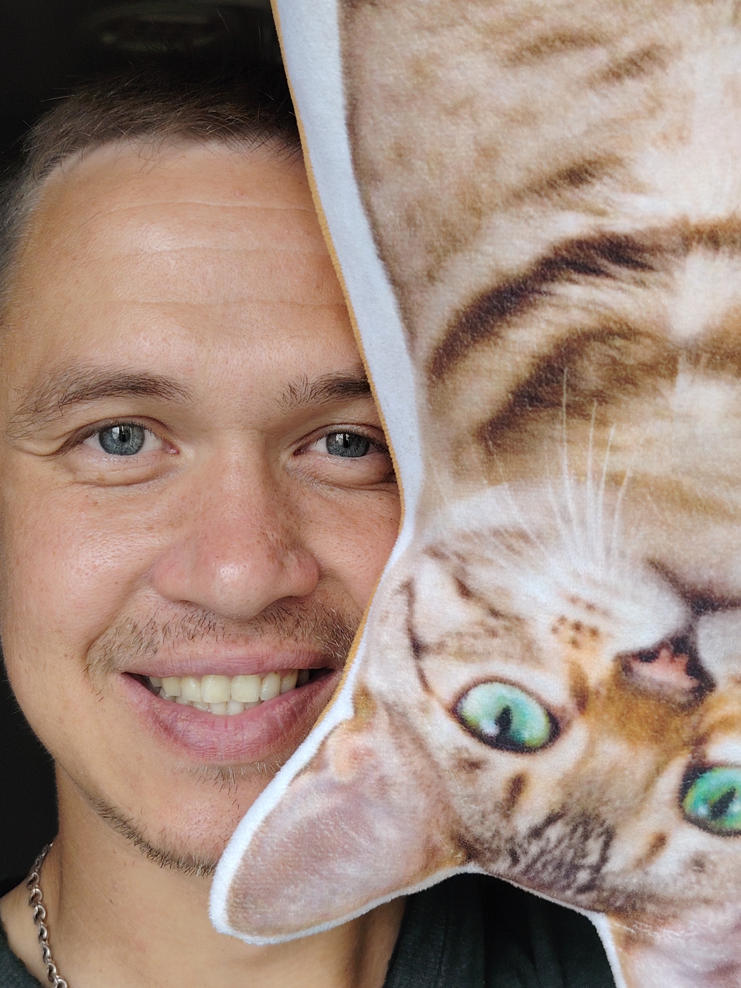 This is a close-up, indoor, waist-up, selfie-style photograph of a light-skinned male with blue eyes and short, receding brown hair, who is smiling. He is partially obscured on the right by a plush pillow or blanket featuring a printed image of a cat's face, which is upside down relative to the man. The man is wearing a dark colored shirt and a silver chain. The background is dark and out of focus. The image does not provide any information about the city of Chaikovsky, Russia.
