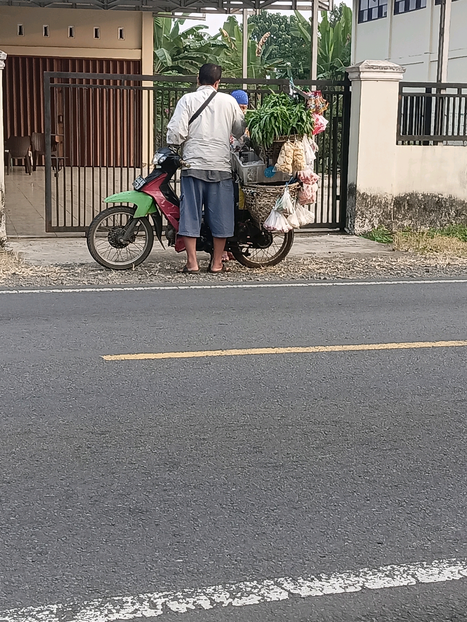 A man, viewed from behind, stands next to a green and red motorcycle on a paved road. He is wearing a white long-sleeved shirt, blue shorts, and sandals. A black strap is visible over his right shoulder. The motorcycle is outfitted with a basket filled with green plants and various bagged items, including what appear to be snacks and produce. The man's left hand rests on the motorcycle's handlebars, and his right hand is near the basket. The motorcycle is parked on the shoulder of the road, which is bordered by dry grass and a metal gate. Behind the gate is a building with a corrugated brown door and an overhang. Further in the background, lush green trees are visible. The scene is set outdoors, with a building and vegetation suggesting a semi-urban or rural environment, possibly in or near the city of Ulak Tanding, Indonesia, given the architectural style and vegetation.