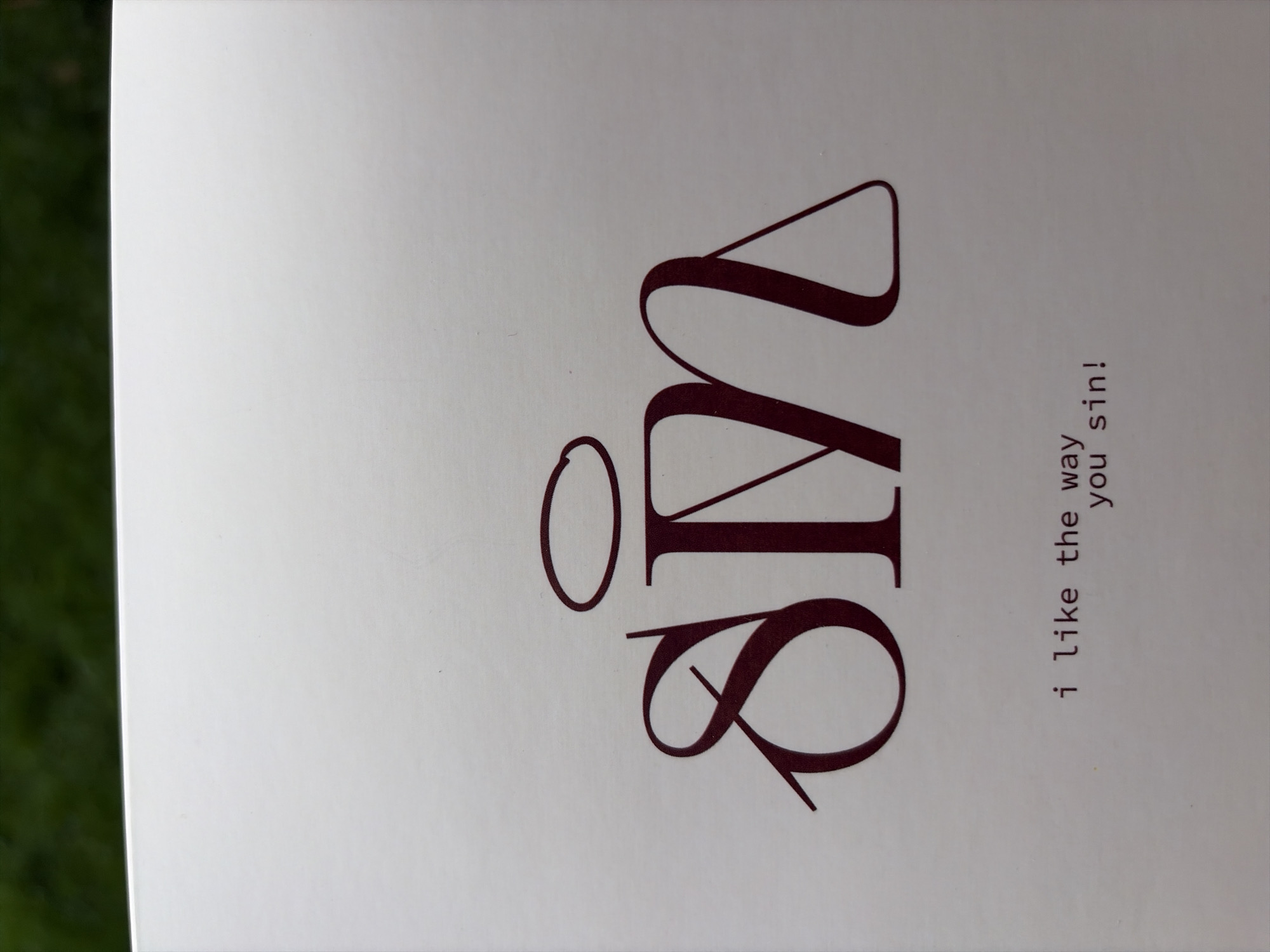 The image is a close-up shot of a white surface, possibly a card or paper, with text and a graphic design. In the center, the word "sin" is written in a stylized, dark red font. The letters are ornate and artistic, with the "s" having a curved, flowing shape, the "i" appearing as a stylized vertical line with a curved top, and the "n" forming a triangular shape. Above the word "sin" is a halo-like oval, also in dark red. Below the stylized word, in smaller, standard font, is the text "i like the way you sin!". The background of the image is out of focus, showing blurred green foliage, suggesting an outdoor setting, but no specific location in Oxentea, Moldova can be identified from the visual information.