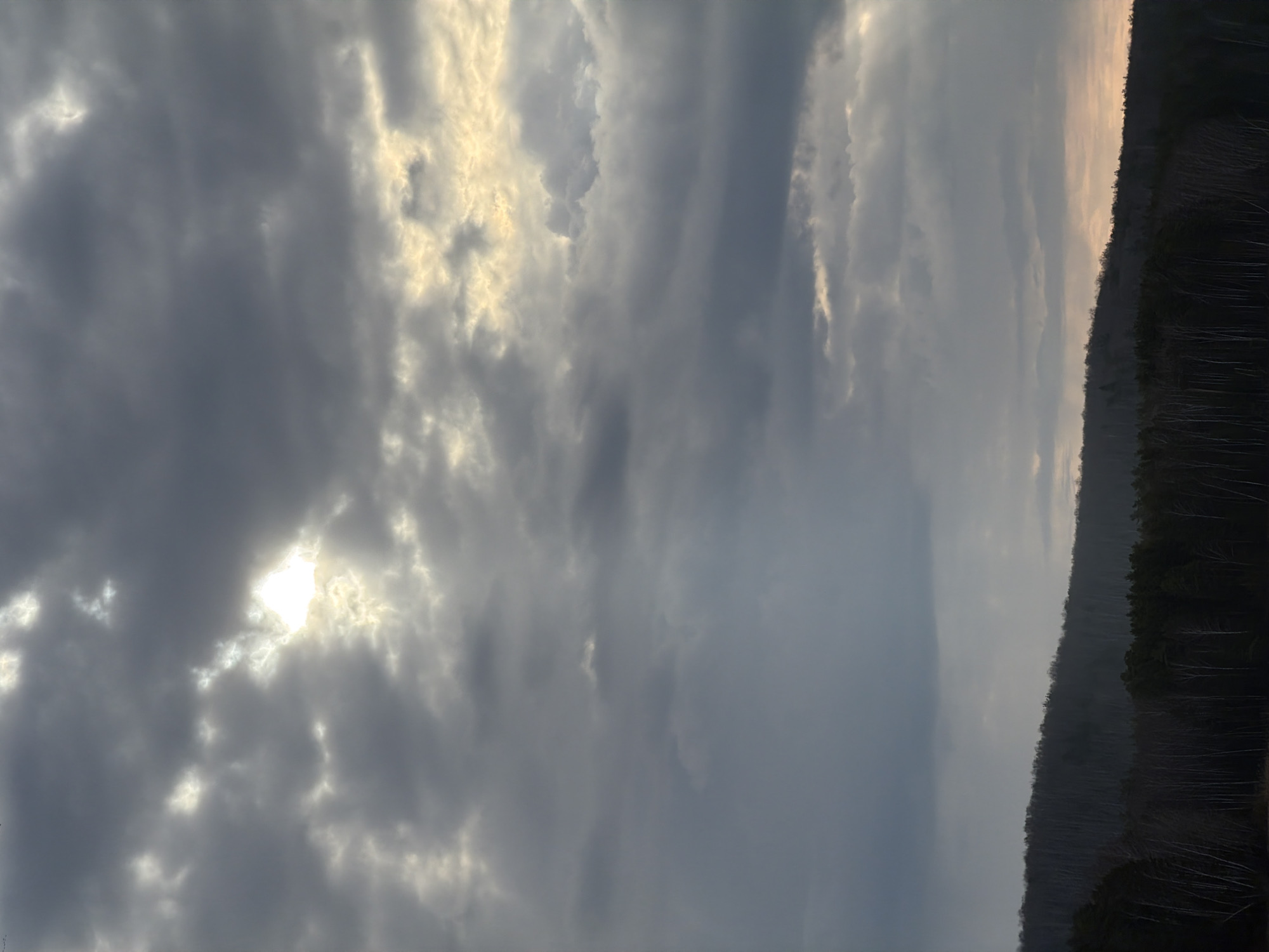 The image depicts a view in the city of Chaykovsky, Russia, showing a cloudy sky with sunlight breaking through, and the silhouette of a forest edge. The light suggests it's either sunrise or sunset. The foreground primarily consists of various cloud formations, ranging from dense, dark gray to lighter, more translucent ones. The sun is partially visible through a gap in the clouds, creating a bright spot in the sky. On the right side of the frame is a dark line of trees, likely a forest or wooded area on a hill or elevated landscape. The light hitting the top of the treeline indicates the direction of the light source. The overall mood is somewhat somber or dramatic, given the contrast between the dark clouds and the light.