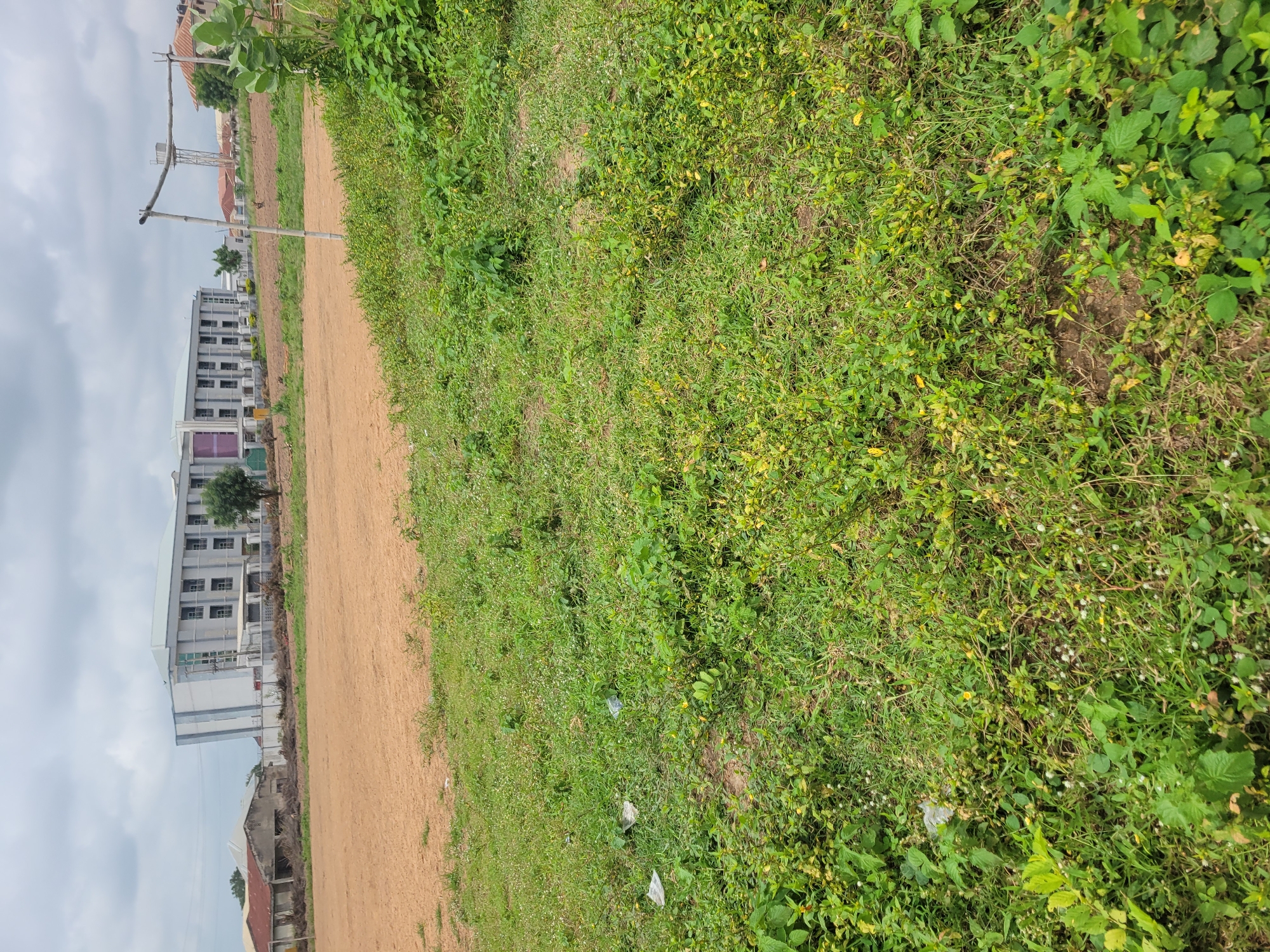 An outdoor, slightly overcast day photograph captures a scene in Unknown, Unknown, showing an empty dirt field in the foreground that transitions into a grassy area with scattered debris. In the background, a large, multi-story building with a modern architectural design stands prominently, featuring a light-colored facade with dark window frames and vertical grey accents. To the left of this building, there are smaller, older structures with reddish-brown roofs. A rudimentary wooden goalpost is visible to the right of the field, near a water tower. The environment appears to be undeveloped or under development, with abundant green vegetation and some areas of exposed soil.