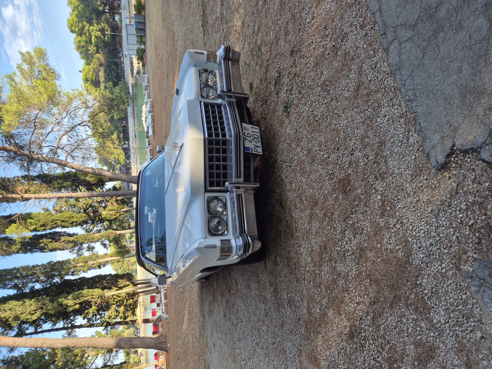 In Katoro, Croatia, a white Cadillac convertible, likely from the 1970s, is parked on a gravel surface with scattered pine needles. The car faces the camera, showcasing its prominent grille, dual headlights, and a license plate reading "HR ZG PV-0011." Behind the car, a tranquil waterfront scene unfolds. Tall cypress trees line the shore, interspersed with deciduous trees. In the distance, white lounge chairs and red umbrellas are arranged on the sandy beach, adjacent to calm, turquoise water. The sky above is a clear, bright blue with a few wispy clouds. The overall atmosphere suggests a peaceful, seaside resort setting. There are no people visible in the image.
