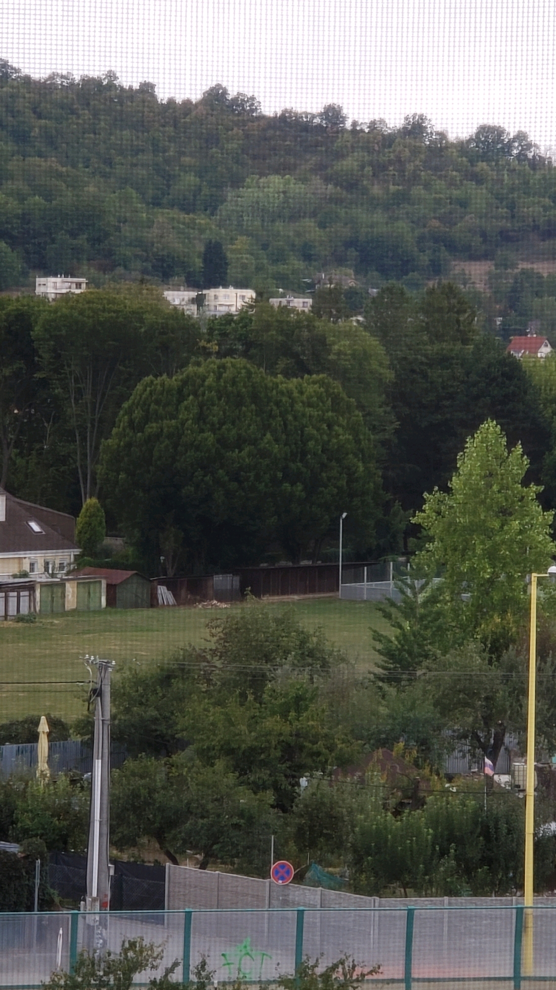 The image shows a view of a hillside covered in dense green trees. In the mid-ground, there are several modern white buildings nestled amongst the trees, some with multiple stories. A large, rounded, dark green tree dominates the center of the frame. To the left of this large tree, there is a yellow building with a red roof and a pitched roof with a dormer window. In front of this building, there are several small, shed-like structures with corrugated metal roofs, painted green and brown. The foreground features a grassy field, a tall utility pole with wires, and a chain-link fence. A bright yellow pole is visible on the far right. A red and blue circular traffic sign with a red diagonal bar is visible on a fence in the lower right portion of the image. The sky above is overcast and white. The scene appears to be in a semi-urban or suburban area on the outskirts of a city, likely Prešov, Slovakia, given the context.