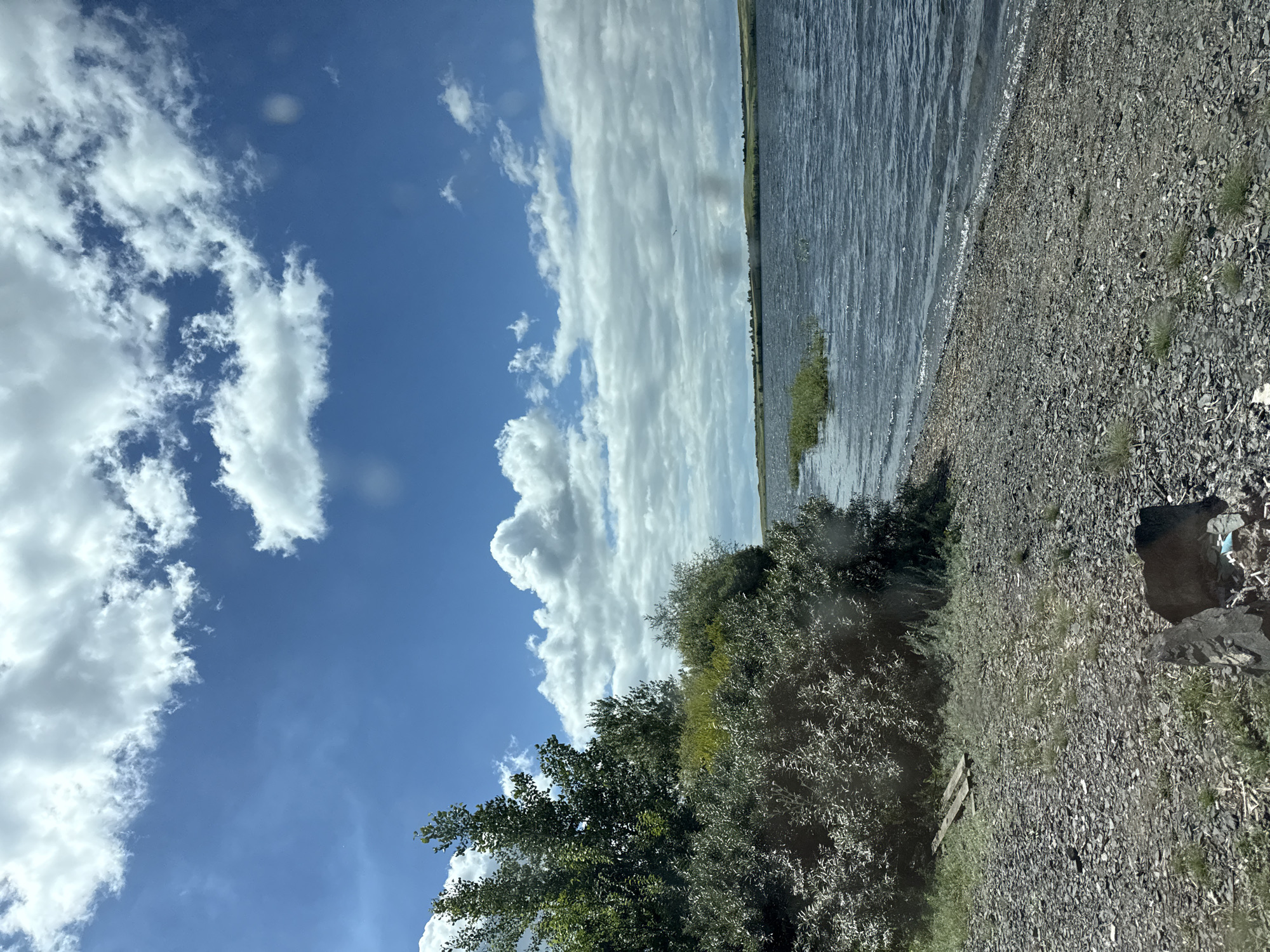 A wide-angle, eye-level, outdoor photograph depicts a natural landscape scene. The image is dominated by a large body of water, likely a lake or reservoir, under a partly cloudy blue sky. The water is choppy, indicating a breeze, and its surface reflects the light. The shoreline is composed of small stones and pebbles, with patches of sparse green vegetation growing amongst them. To the left of the frame, a dense cluster of green trees and bushes forms the foreground. In the distance, rolling hills covered in greenery can be seen along the horizon, beneath a horizon line that stretches across the width of the image. The overall impression is one of a serene, natural environment, possibly a recreational area or a place of natural beauty. There are no people visible in the image, and the scene appears tranquil. The image is assumed to be from Ivanovskii, Russia.