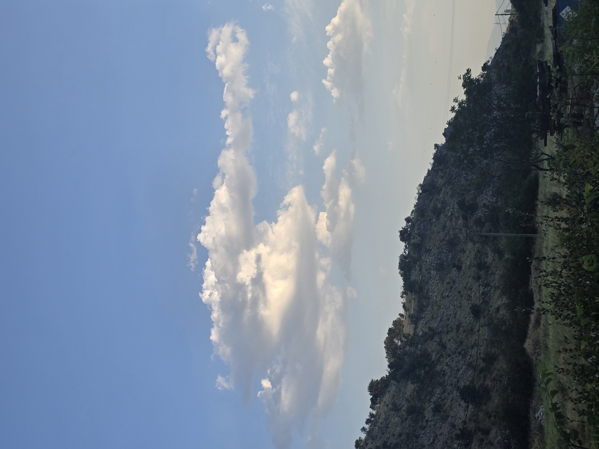 The image shows a rocky hillside covered in dark green vegetation under a bright blue sky with scattered white clouds. The hillside slopes from the top left down to the bottom right, with trees and shrubs dotting its surface. In the foreground, there is a field of dry grass and some green foliage. A single utility pole is visible on the slope. The sky is vast and clear, with some wispy clouds in the distance. The overall impression is of a rural or semi-rural landscape. No specific location within Podgorica, Montenegro, can be identified from the image alone.