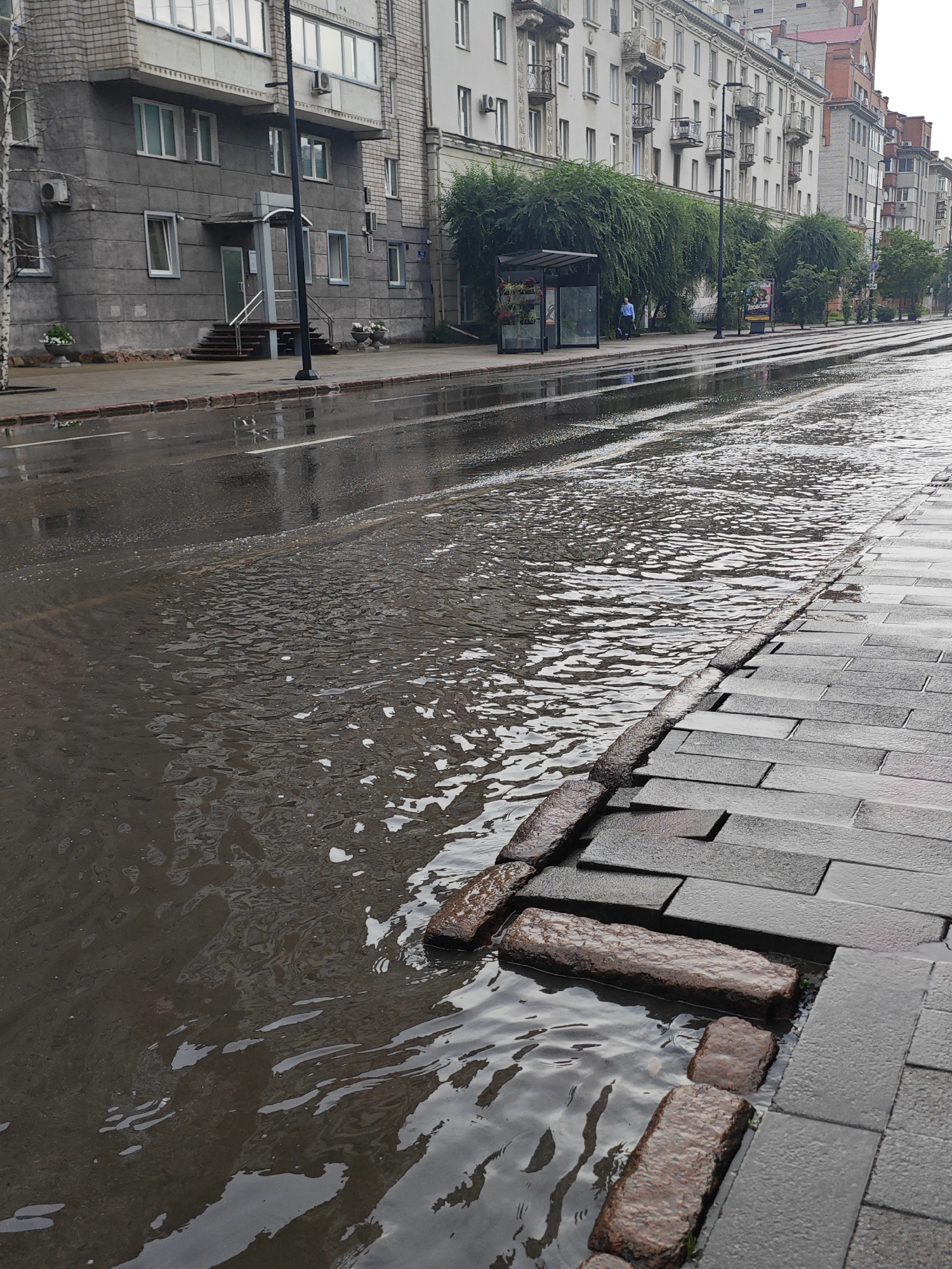 The image depicts a flooded street in front of apartment buildings in Krasnoyarsk, Russia, on what appears to be a rainy or recently rainy day. The water has accumulated on the asphalt road, reflecting the overcast sky and the facades of the buildings. A sidewalk made of grey paving stones runs alongside the road, and in the foreground, several large, reddish-brown stones are partially submerged in the water, creating a makeshift crossing. A bus stop shelter with plants is visible further down the street, and a person in a blue shirt is standing near it. The architecture of the apartment buildings suggests a Soviet-era or post-Soviet style, with balconies and uniformly spaced windows. The overall scene conveys a sense of urban inconvenience due to the flooding.
