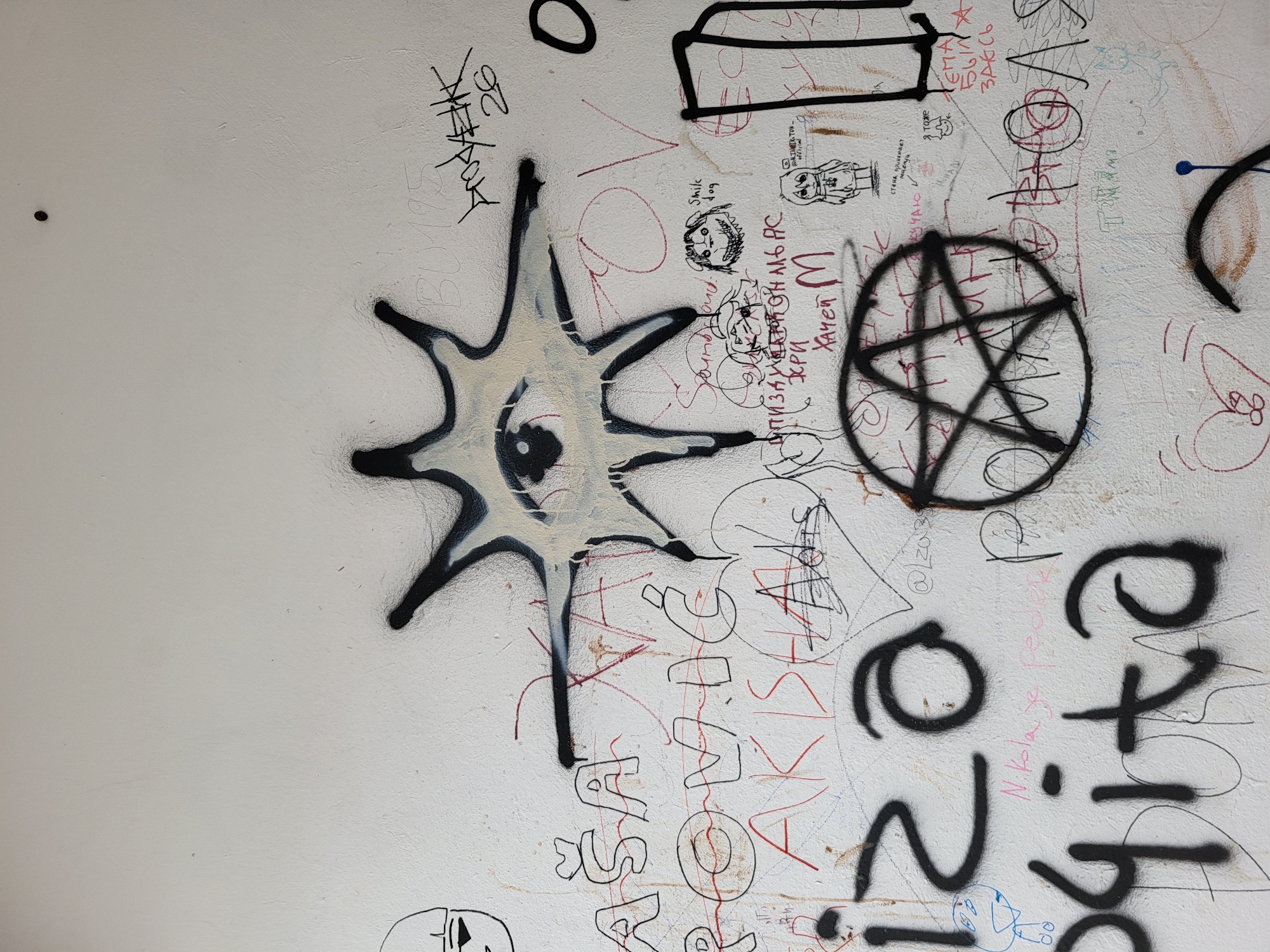The image captures a section of a wall covered in graffiti, possibly located in an urban area of Budva, Montenegro. The wall's surface is a light color, and the graffiti includes various drawings, symbols, and lettering in both black and red paint. Prominent elements include a star-shaped symbol with a central "eye," a pentagram within a circle, and various tags and inscriptions in Cyrillic and Latin alphabets. The graffiti appears layered, suggesting multiple instances of tagging over time. The wall's texture indicates it may be a rough or uneven surface.