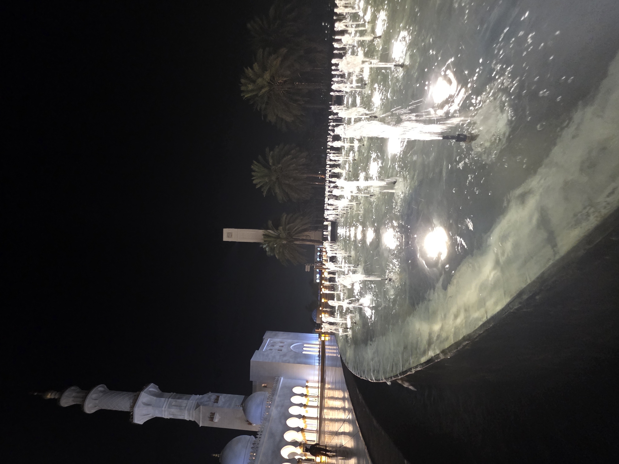 The photograph depicts the Sheikh Zayed Grand Mosque in Abu Dhabi, United Arab Emirates, at night. A prominent minaret of the mosque is visible on the left side, with its white marble structure illuminated against the dark sky. The main building of the mosque, characterized by its numerous arches and domes, is also lit and reflects on the wet ground. In the foreground, a large, curved fountain is active, with multiple jets of water illuminated by underwater lights, creating a dynamic and sparkling effect on the surface of the water. Palm trees are silhouetted against the night sky in the background, suggesting the surrounding landscape. A single person can be seen walking on the illuminated pathway to the left of the mosque. The overall scene is one of grand architecture and serene natural elements illuminated for nighttime viewing.