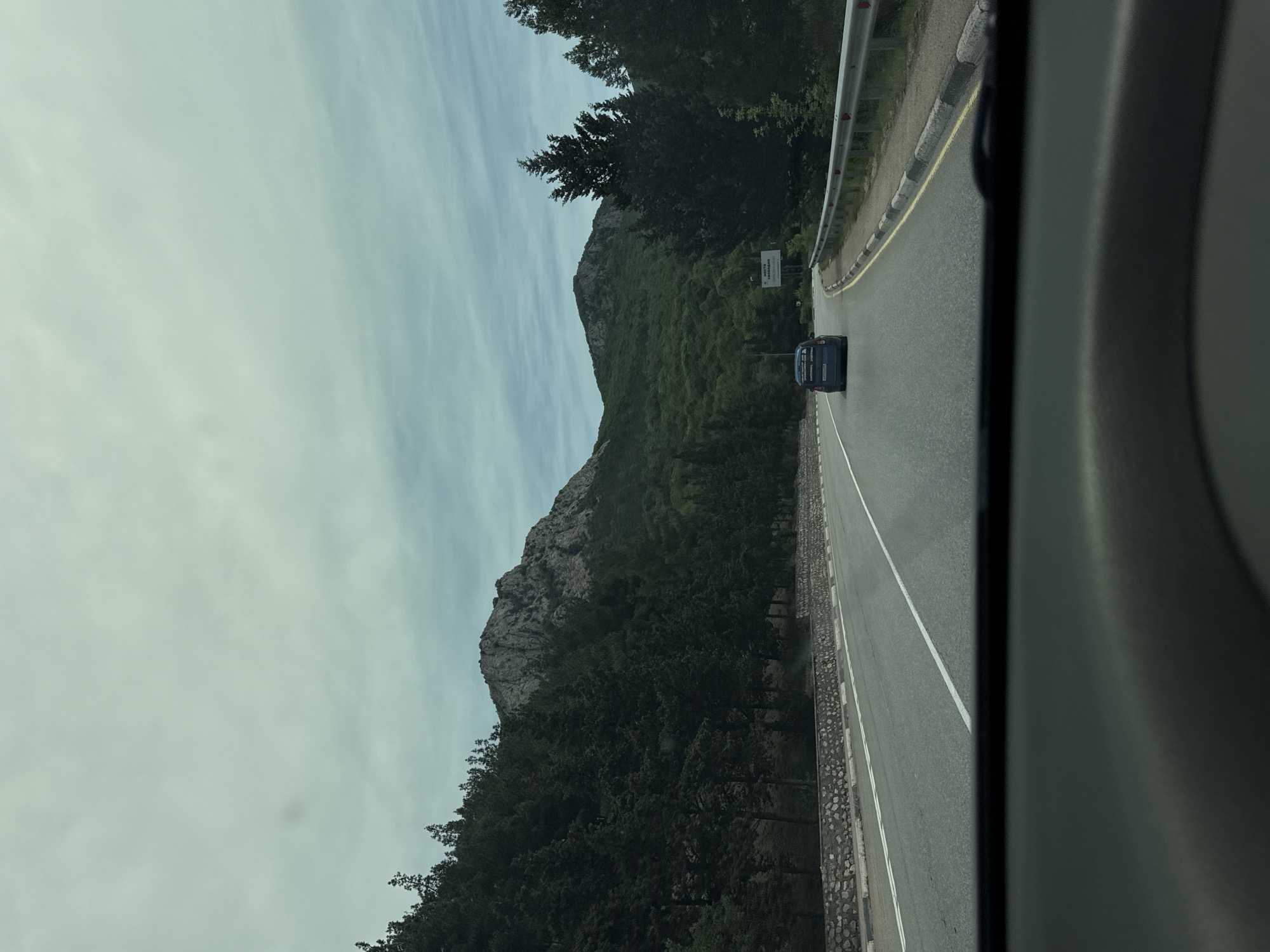 The image depicts a view from inside a vehicle, likely a car, driving on a winding road. The location appears to be in a mountainous area, with a prominent rocky mountain covered in green vegetation visible on the left side of the road. A guardrail lines the right side of the road, and another vehicle is traveling ahead. The sky is overcast. The scene is Орлиновский округ, Ukraine.