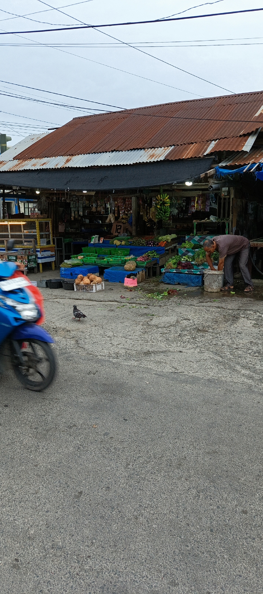 A man is washing his hands in a bucket at an outdoor market stall in Garot, Indonesia. The stall is under a rusty corrugated metal roof and displays a variety of fruits and vegetables, including bananas, pumpkins, and leafy greens, arranged on blue tarps and in green crates. Behind the produce, shelves hold packaged goods. A blue motorcycle is partially visible in the foreground on the left, blurred due to motion. A pigeon is walking on the concrete ground in front of the stall. The environment appears somewhat wet and messy, with discarded vegetable scraps on the ground. Overhead, electrical wires crisscross against an overcast sky.