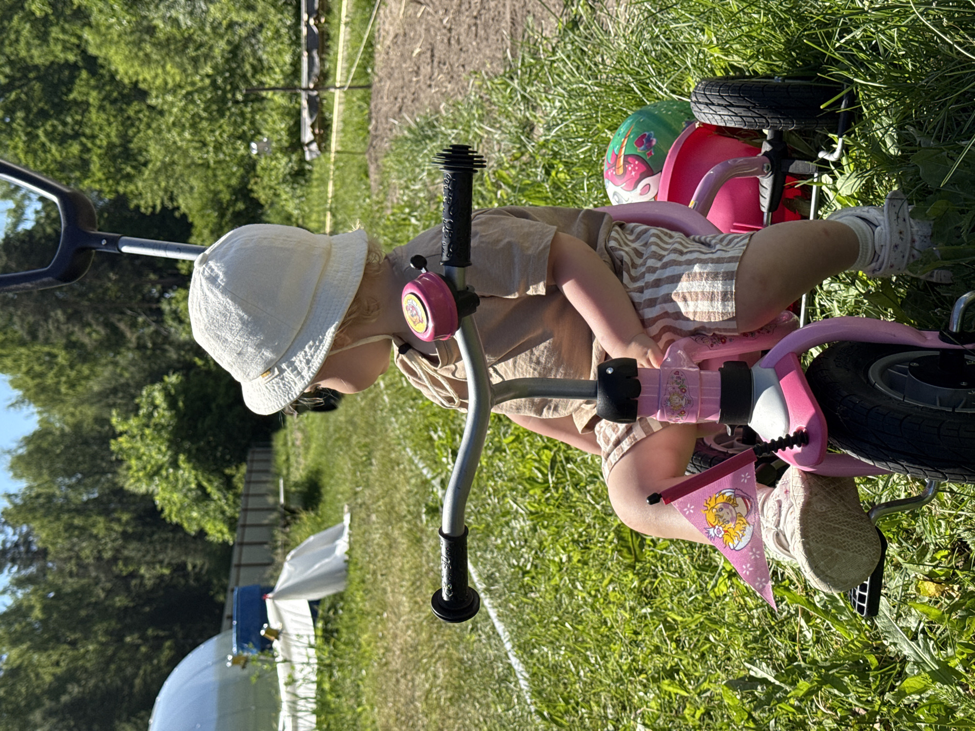 A child is seated on a pink tricycle in a grassy outdoor area within the city of Krutoyak, Russia, under clear blue skies. The child, viewed from the rear-right, wears a light-colored bucket hat, sunglasses, a light brown short-sleeved top, and striped shorts. Light-colored socks and shoes are also visible on the child's feet, with the left foot resting on a pedal. The pink tricycle is equipped with a silver handlebar, black handgrips, and a pink bell mounted on the left side. A small pink triangular flag, decorated with a cartoon princess graphic, is attached to the front frame of the tricycle. A pink bucket, containing a green, pink, and purple patterned ball, is affixed to the rear of the tricycle, which also features a black push-handle extending upwards, partially cropped at the top of the image. The immediate ground is covered with vibrant green grass and some weeds. Further back, a strip of bare soil is visible, followed by a wooden fence. The background is dominated by dense green trees, suggesting a wooded area. On the left side of the background, a large, silver, geodesic dome structure is present, along with a blue barrel and a white tarp or sheet on the ground. The scene is brightly illuminated by direct sunlight.