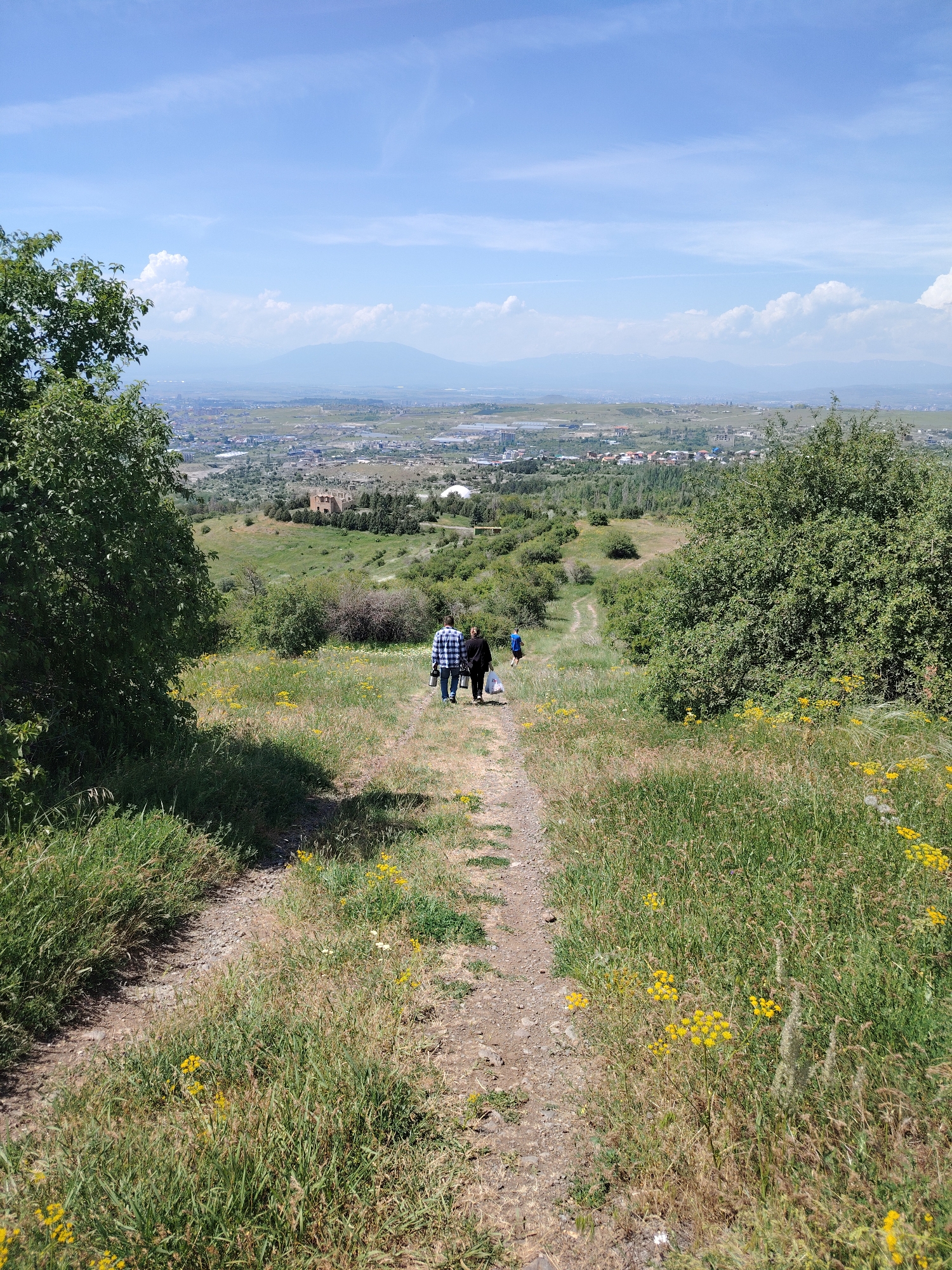 Two individuals are walking down a dirt path on a grassy hillside. The person in front is wearing a blue and white checkered shirt and dark pants, carrying a dark bag and a water bottle. The person behind them is wearing a dark outfit and carrying a white bag. They are walking away from the camera, towards a city visible in the distance. The hillside is covered in green grass, with scattered yellow wildflowers. Trees are visible on either side of the path, and in the background, a city sprawls across a valley with mountains beyond. The sky is blue with scattered white clouds. The scene appears to be in the vicinity of Jrvej, Armenia, given the topography and distant urban landscape often associated with its surrounding areas.