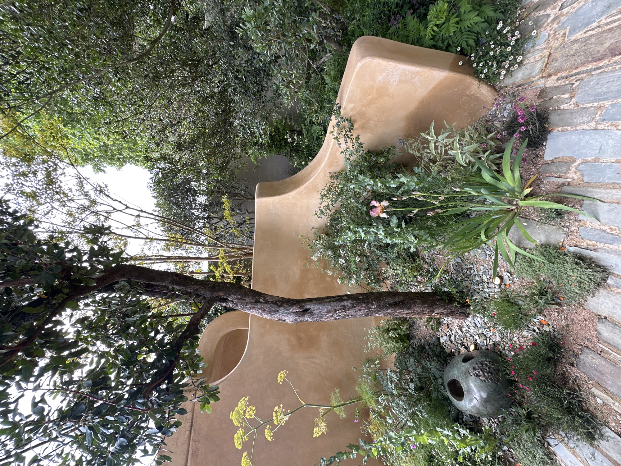 The image captures a garden scene, potentially located in London, United Kingdom. A tree trunk extends horizontally across the frame, with lush green foliage filling the upper left portion. Behind the trunk is a curving, light-brown wall with a circular opening. Various plants, including flowering species, are nestled around the base of the wall. A gray, textured stone path borders the right side of the wall. On the ground in front of the wall, there is a spherical, dark-green ceramic object with holes. The area is generally overgrown and appears to be a well-maintained garden setting.