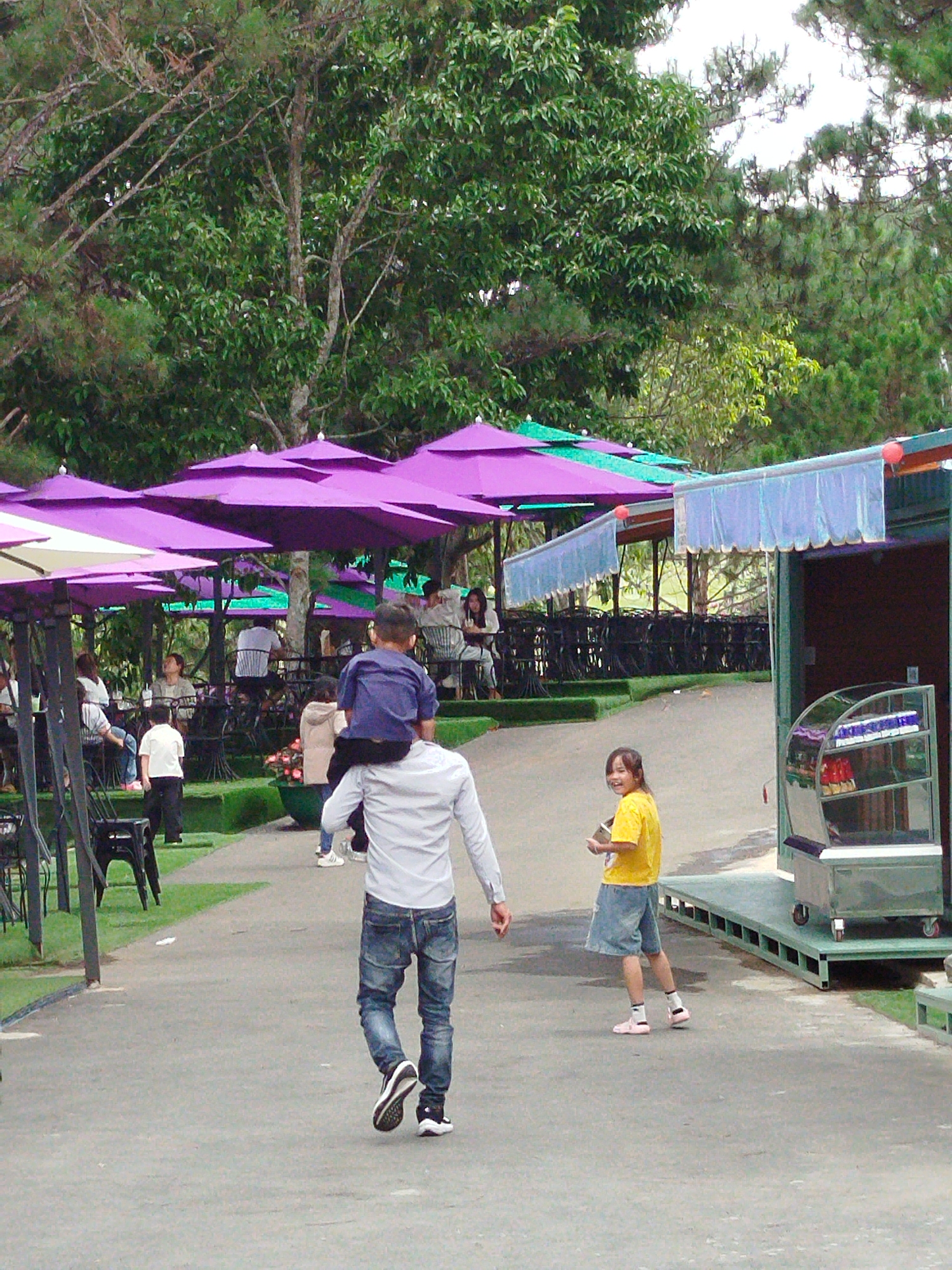 In Da Lat, Vietnam, a man walks away from the camera with a young boy on his shoulders, his back to the viewer. The man wears a light-colored long-sleeved shirt and blue jeans. The boy, wearing a blue t-shirt, faces away from the camera, looking towards the right. To the right of the man and boy, a young girl in a yellow t-shirt and denim shorts smiles at the camera. She is holding a light-colored object in her hands. In the background, a refrigerated display case with shelves is visible. The scene is set outdoors, under numerous purple and green umbrellas, suggesting a cafe or dining area. Trees and foliage are abundant, with a cloudy sky visible above.