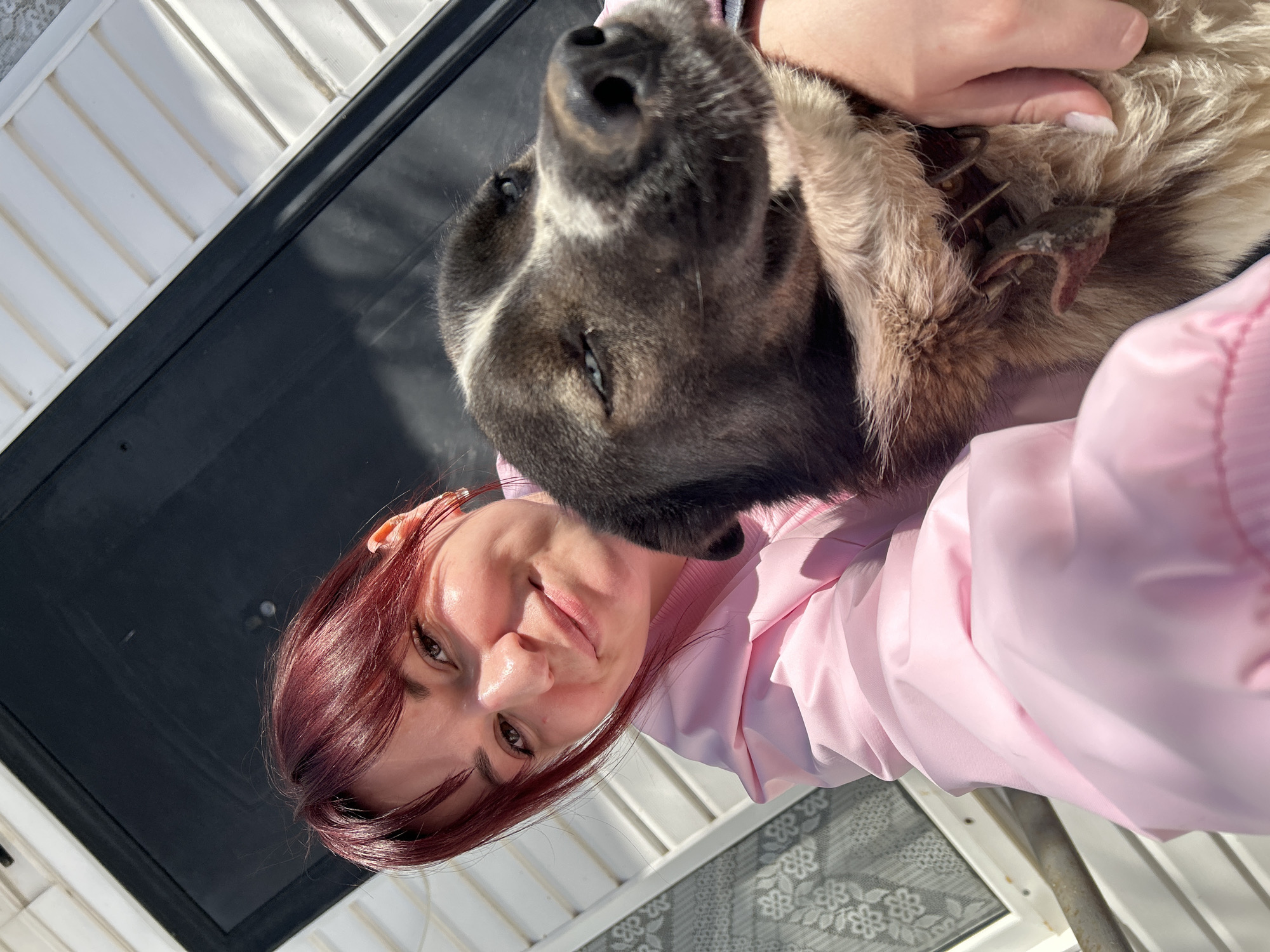 A person with reddish-brown hair, wearing a light pink jacket, is holding a medium-sized dog. The dog has dark gray and white fur around its face and lighter fur on its body. The dog has a collar with some attachments. They are outdoors, standing in front of a building with a white and gray exterior. The setting appears to be in bright sunlight. The location of the image is unknown.