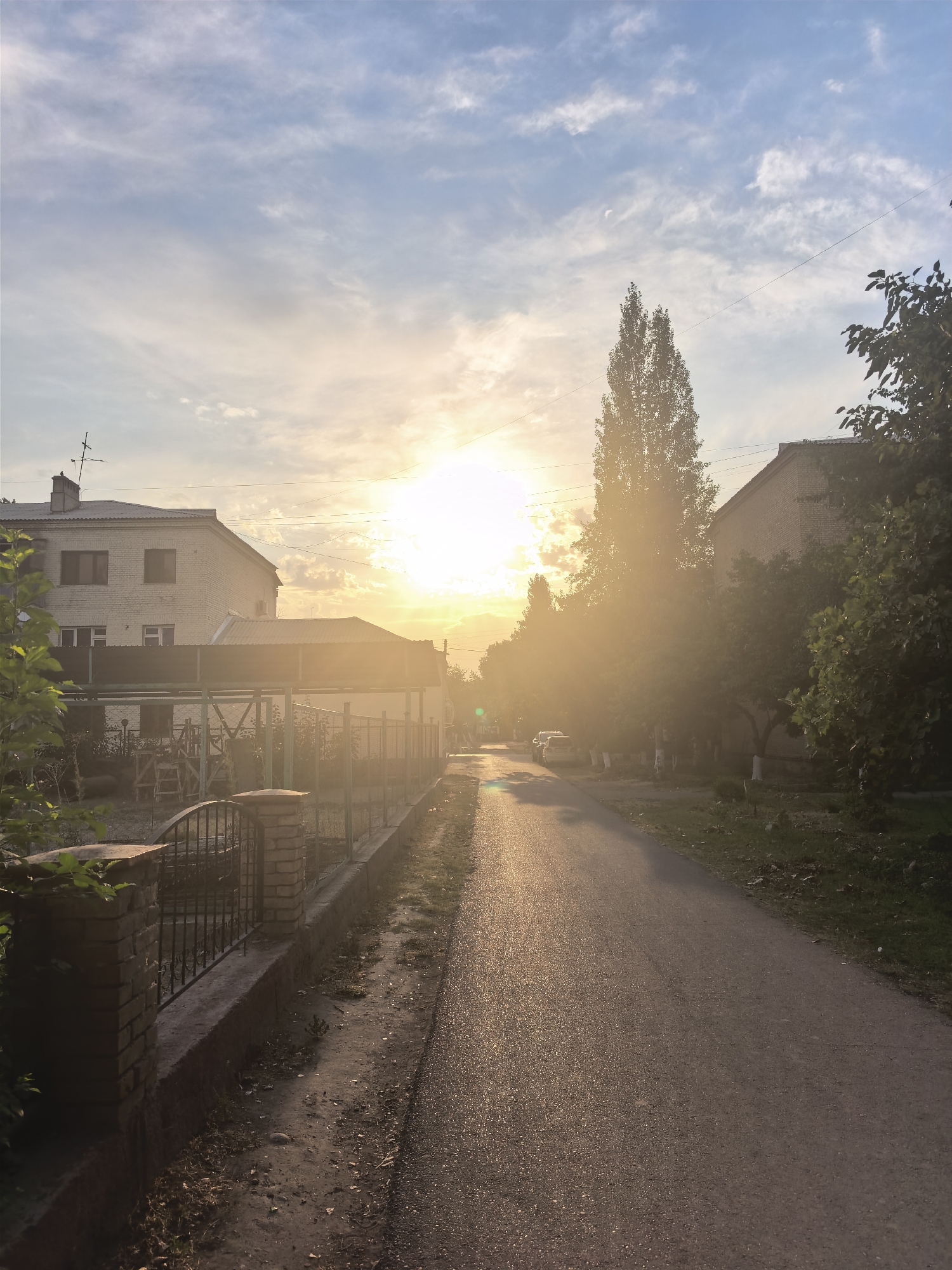 The image depicts a street scene in Fergana City, Uzbekistan, during what appears to be sunset or sunrise. The sun is intensely bright, positioned in the upper center of the frame, casting a strong golden glow and lens flare across the scene. The sky is a pale blue with scattered, wispy white clouds.
To the left of the street, a white brick building with a dark-tiled roof and several windows is visible. Adjacent to this building is a covered structure, possibly a carport or patio, with a corrugated metal roof supported by green metal poles. A dark metal fence with decorative elements runs along the edge of this property, bordering a sidewalk or dirt path. A low brick wall supports the fence. Further to the left, lush green foliage is visible in the foreground.
The street itself is asphalt and appears to be a residential road, with parked cars visible further down on the left side. On the right side of the street, a line of trees with green foliage and white-painted trunks stretches into the distance. Another brick building, similar in style to the one on the left, is situated behind these trees. The overall impression is of a quiet, suburban street bathed in the warm light of a setting or rising sun. No people are visible in the image.