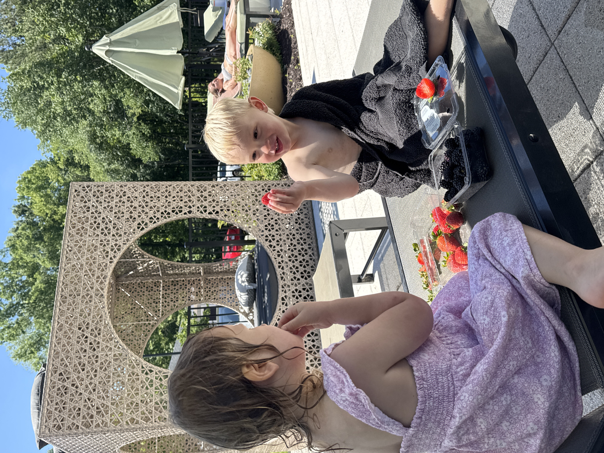 On a sunny day at an unidentified location in the city of Unknown, Unknown, two children are enjoying fresh berries. A young boy, wrapped in a dark towel, holds a strawberry in his hand, seemingly offering it to a younger girl who is lying on a sun lounger in a light purple floral dress. A container of strawberries and a container of blackberries sit on the lounger near them. A decorative wicker structure is visible in the background, along with trees and patio furniture, including an umbrella. The ground is paved with gray tiles.