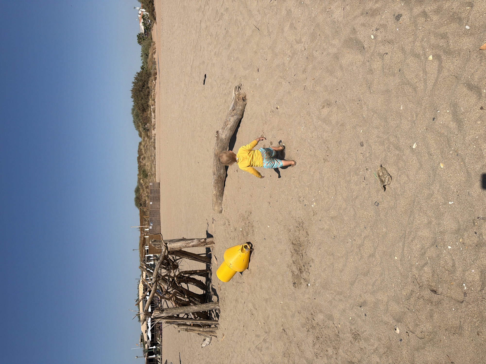 A rear view of a blonde-haired toddler, facing away from the camera, walks on a sandy beach toward a large, weathered piece of driftwood. The toddler wears a bright yellow long-sleeved shirt and patterned shorts. The beach is largely unoccupied, with the exception of a yellow buoy lying on its side to the left of the frame, near a rustic shelter constructed from driftwood. In the background, a clear blue sky stretches over sand dunes covered in sparse vegetation. Further back, a line of beach umbrellas and structures suggests a developed beach area. The scene is bathed in bright sunlight, casting distinct shadows on the sand. The location is identified as the beach in Sérignan, France.