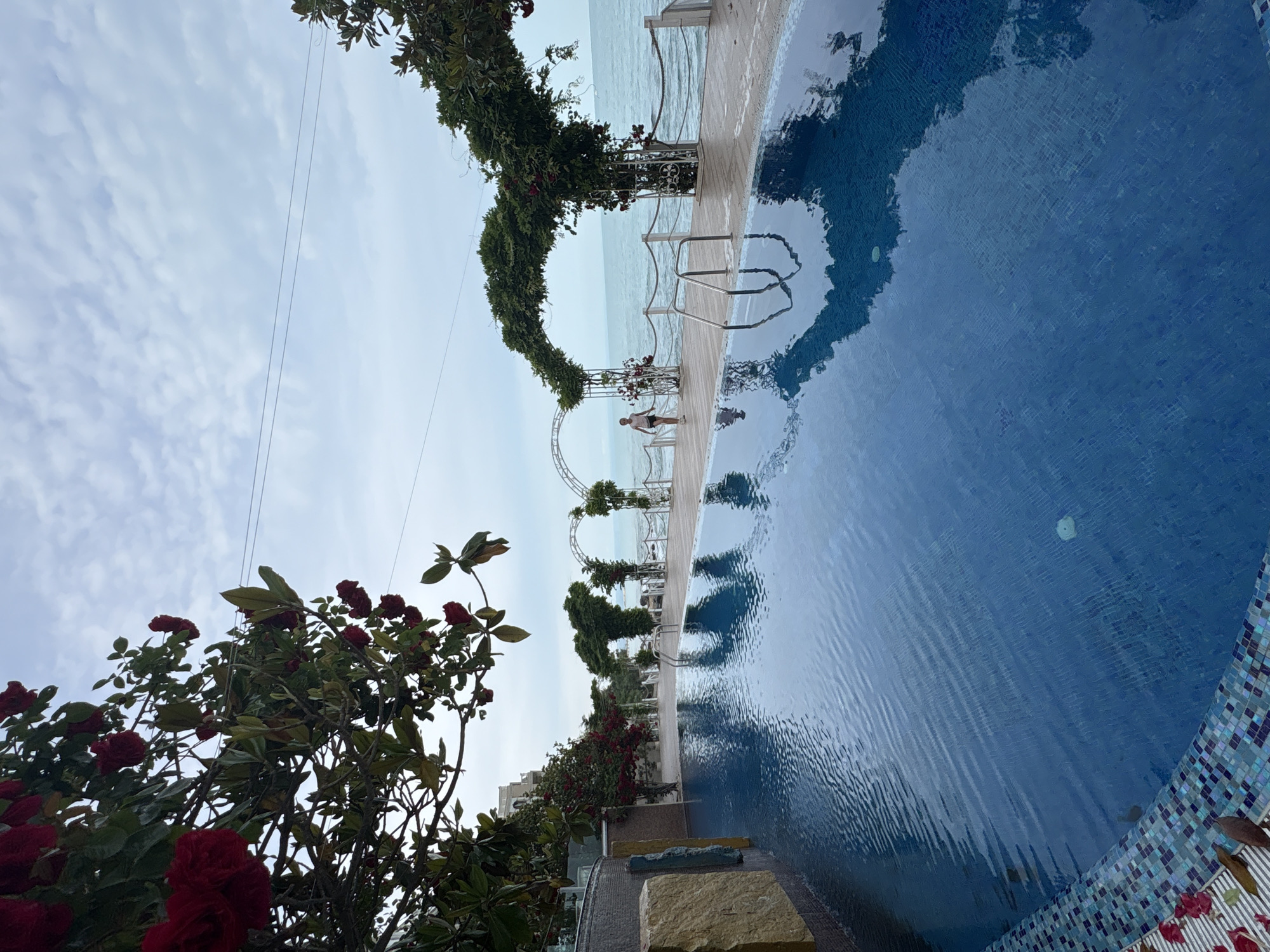 The image, correctly oriented horizontally, displays a serene outdoor scene centered around a swimming pool and a vast body of water, likely the sea or a large lake. In the foreground, on the left, a lush bush with dark green leaves and numerous deep red roses creates a rich botanical accent.
The infinity-edge swimming pool, featuring blue tiles and a decorative mosaic border, occupies the right side of the frame. Its calm surface reflects the sky and the surrounding structures, including a standing figure. A light-colored wooden deck separates the pool from the distant expanse of water. Along this deck, several white decorative arches, adorned with green foliage and some red flowers, stretch towards the horizon.
A single person, appearing to be a woman wearing light-colored clothing, stands on the deck near one of the arches, facing the distant water. Her reflection is clearly visible in the pool. Metal handrails are also present, indicating access to the pool.
The sky above is light blue with scattered white, wispy clouds, and faint overhead wires are visible. The distant body of water appears calm and light blue/grey, blending with the horizon. The scene suggests a tranquil resort or event setting, possibly under soft daylight, with no discernible text present.