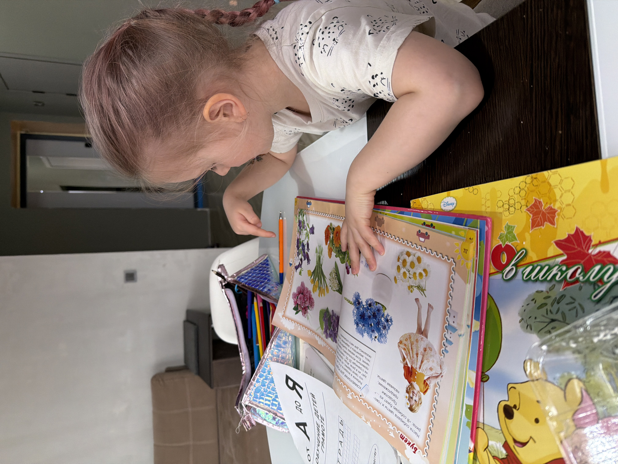A child with pink-tinted braided hair, wearing a white patterned shirt, is studying a book that displays a variety of flowers. The book sits atop a desk, along with other books and school supplies, including a pencil case and worksheets. The book features illustrations of bouquets, individual flowers such as cornflowers, daisies, tulips, roses, and information in Russian. Adjacent to this book is another book featuring Winnie the Pooh on the cover. It appears the child is studying flowers, and possibly learning to read and write in Russian. The location appears to be Chaikovsky, Russia, based on the Cyrillic text in the book and worksheet.