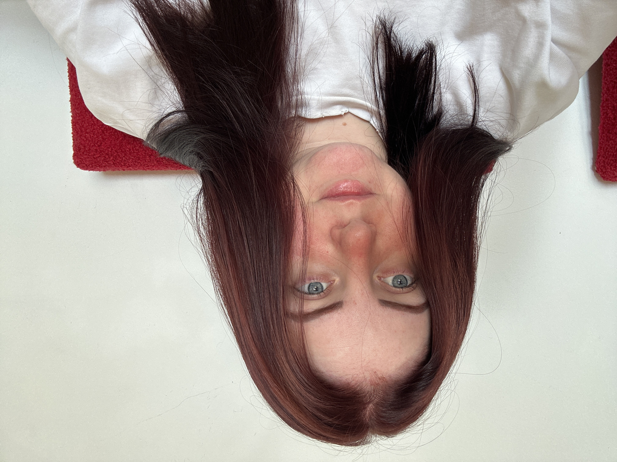 A young woman with long, dark reddish-brown hair and blue eyes looks directly at the camera. She has a fair complexion with noticeable redness on her cheeks and nose. She is wearing a white t-shirt. The background is a plain, light-colored wall. The image appears to be taken indoors. There are two red objects visible on either side of the frame, which could be part of chairs or cushions. The scene does not depict any specific location in the city of Grad Rijeka, Croatia, nor does it provide any context for a forensic investigation.