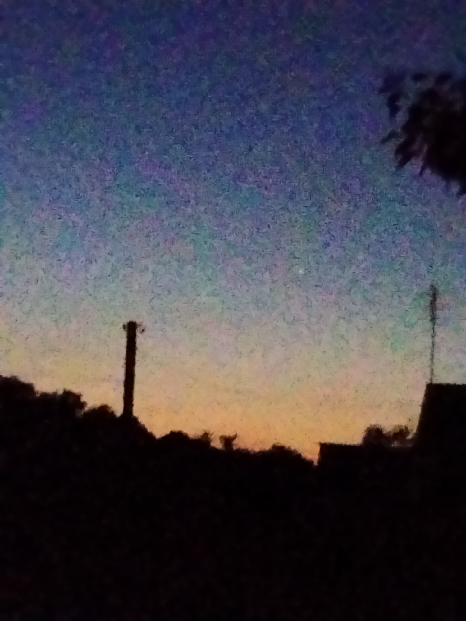 This is a silhouette photograph taken during dusk or dawn, showing the sky over the city of Ustyvytsia, Ukraine. The sky transitions from a deep blue at the top to a pale orange and yellow band near the horizon. In the foreground, a dark silhouette of trees and rooftops is visible. To the left, a tall, cylindrical structure, likely a chimney or industrial tower, stands prominently against the sky. Further to the right, a smaller, more slender antenna-like structure rises from a silhouetted building. The overall image has a grainy texture, consistent with low-light photography.